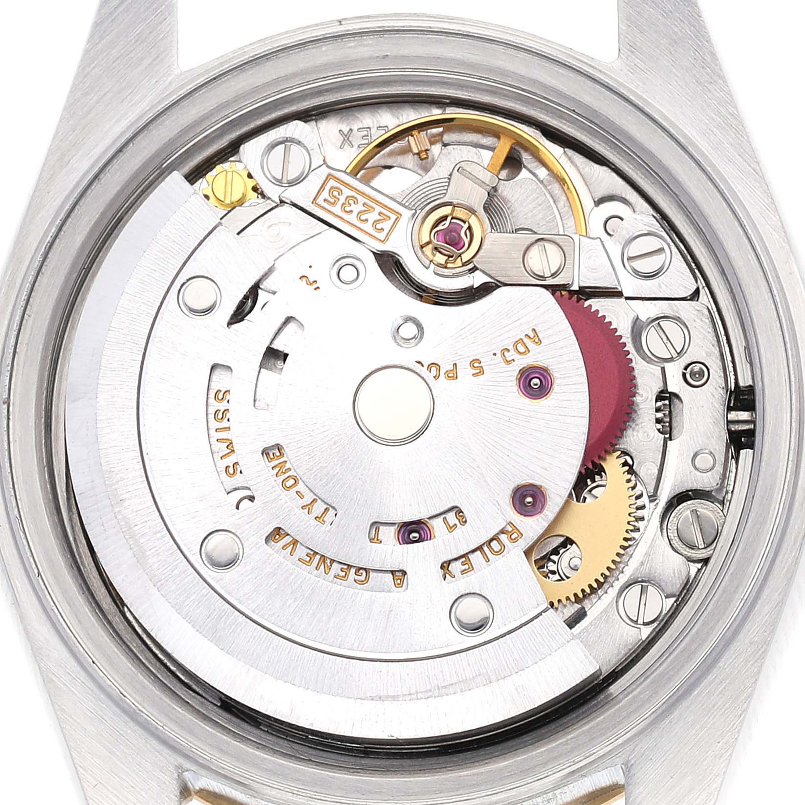 This image shows the internal mechanism and movement of a Rolex Datejust 79173 Women's Steel and Gold (two tone) Champagne Dial 79173 Women's Steel and Gold (two tone) Champagne Dial watch, viewed from the back case.