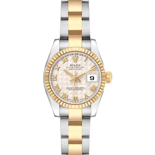 The Rolex Datejust 179173 Women's Steel and Gold (two tone) White Dial watch is shown from the front, featuring its face, bezel, and two-tone bracelet.