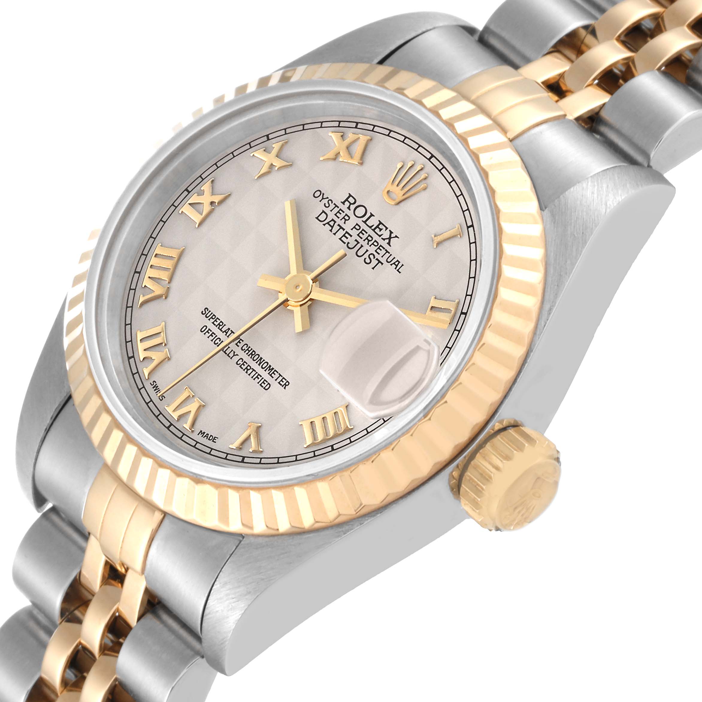 This image shows a close-up, angled view of the Rolex Datejust 69173 Women's Steel and Gold (two tone) White Dial 69173 Women's Steel and Gold (two tone) White Dial watch, highlighting the dial, bezel, crown, and part of the bracelet.