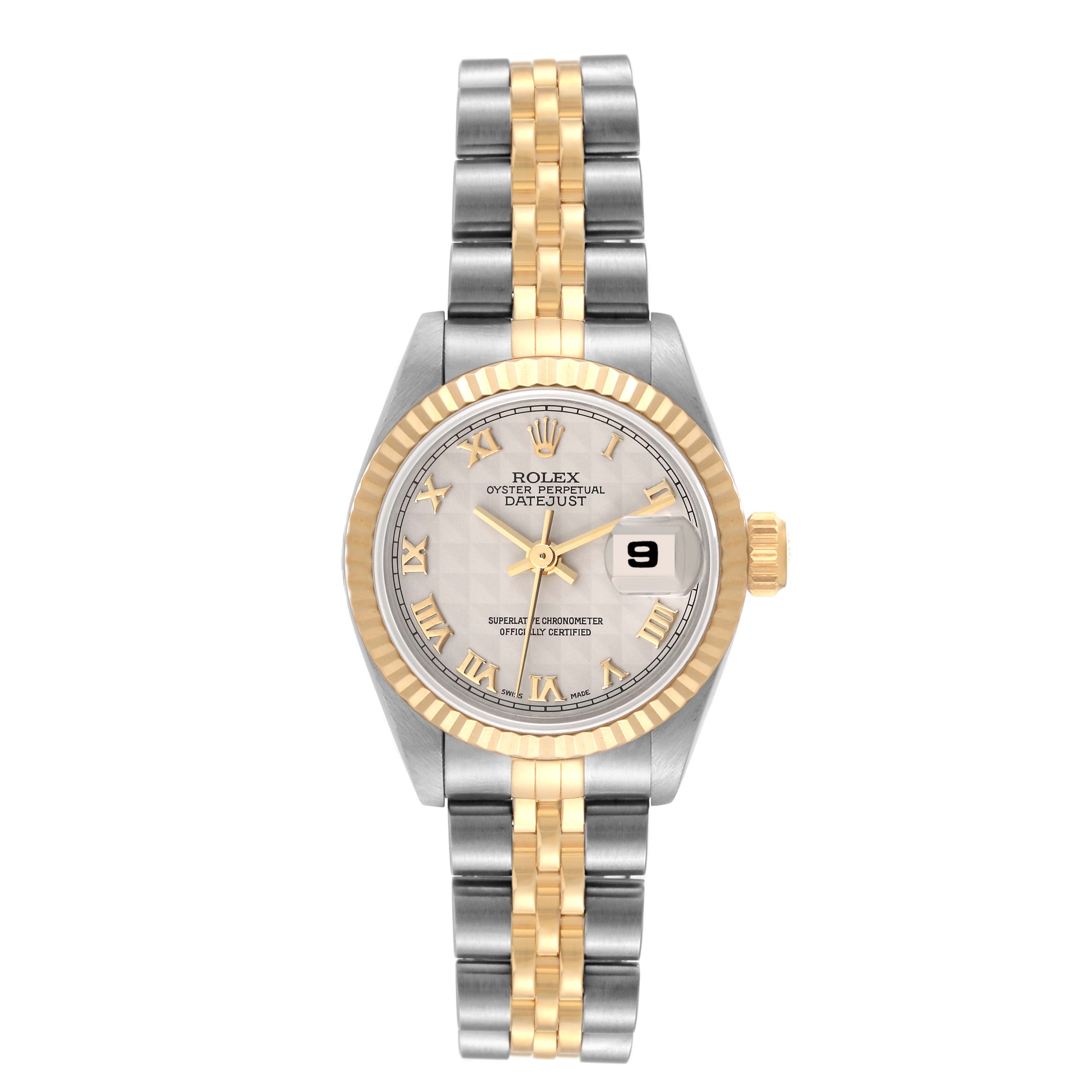 This image shows a front view of a Rolex Datejust 69173 Women's Steel and Gold (two tone) White Dial 69173 Women's Steel and Gold (two tone) White Dial watch, highlighting its two-tone bracelet, gold fluted bezel, and date window.