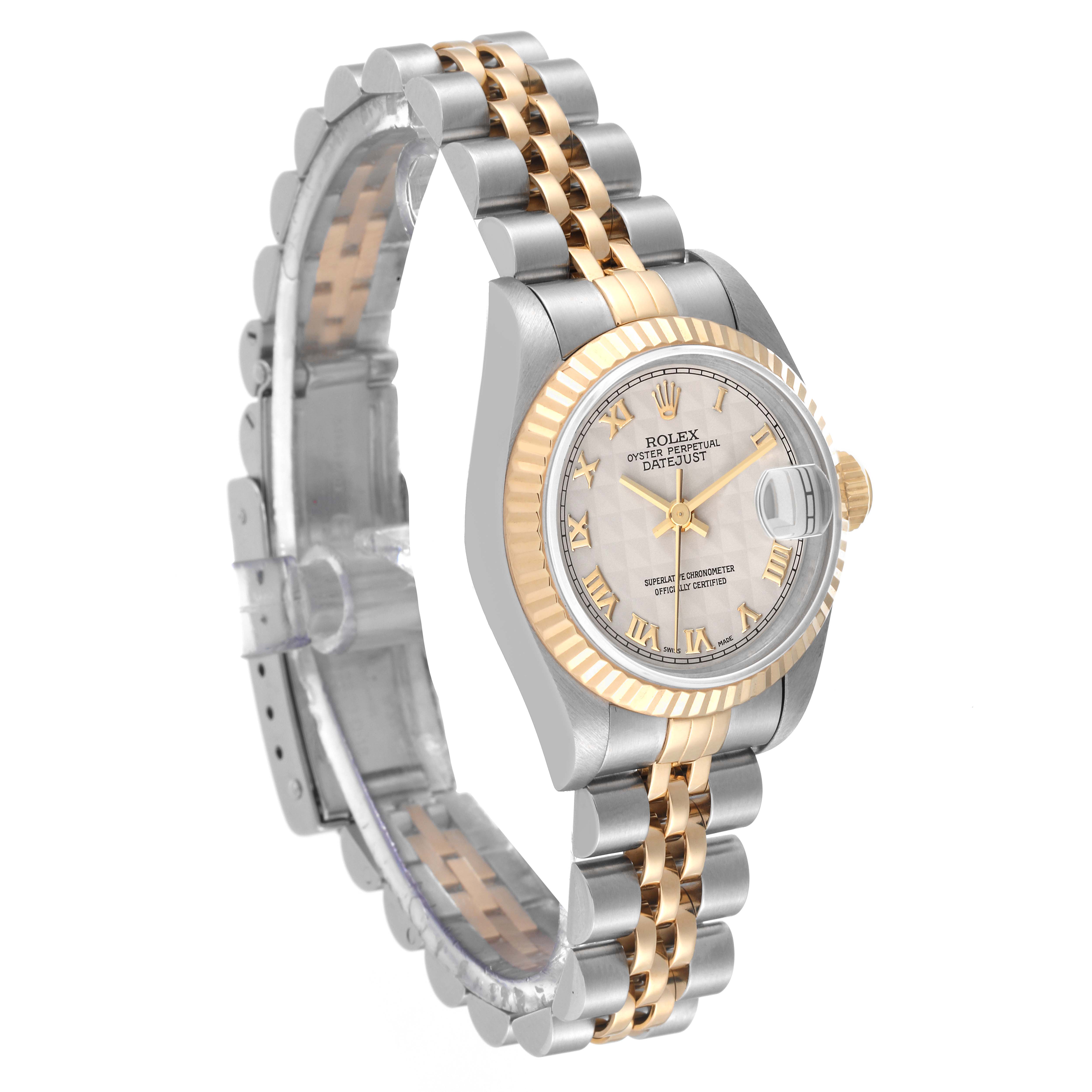 The image shows a side and angled view of a Rolex Datejust 69173 Women's Steel and Gold (two tone) White Dial 69173 Women's Steel and Gold (two tone) White Dial watch, featuring its two-tone bracelet and fluted bezel.