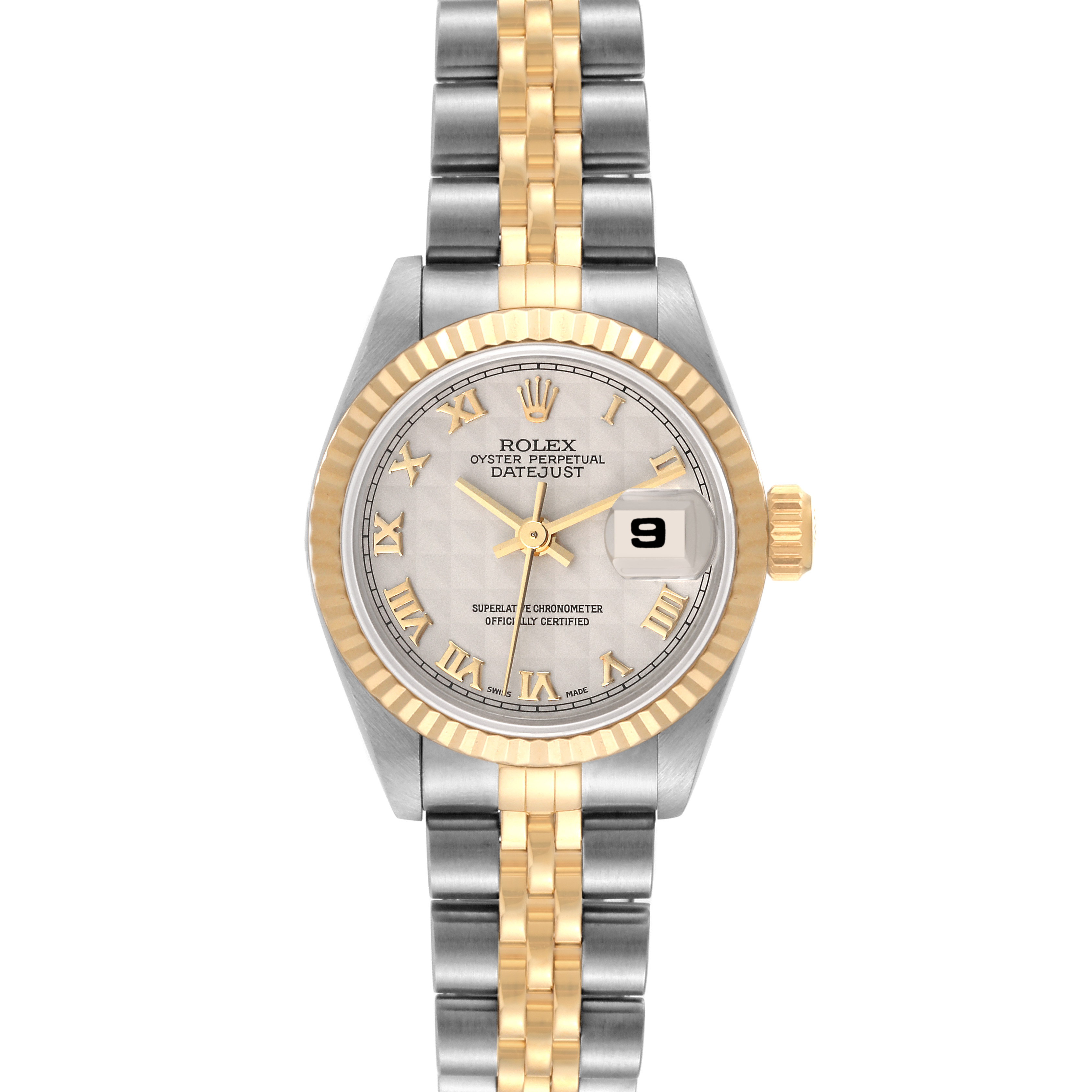 The Rolex Datejust 69173 Women's Steel and Gold (two tone) White Dial 69173 Women's Steel and Gold (two tone) White Dial watch is shown from the front, displaying its dial, bezel, and bracelet.