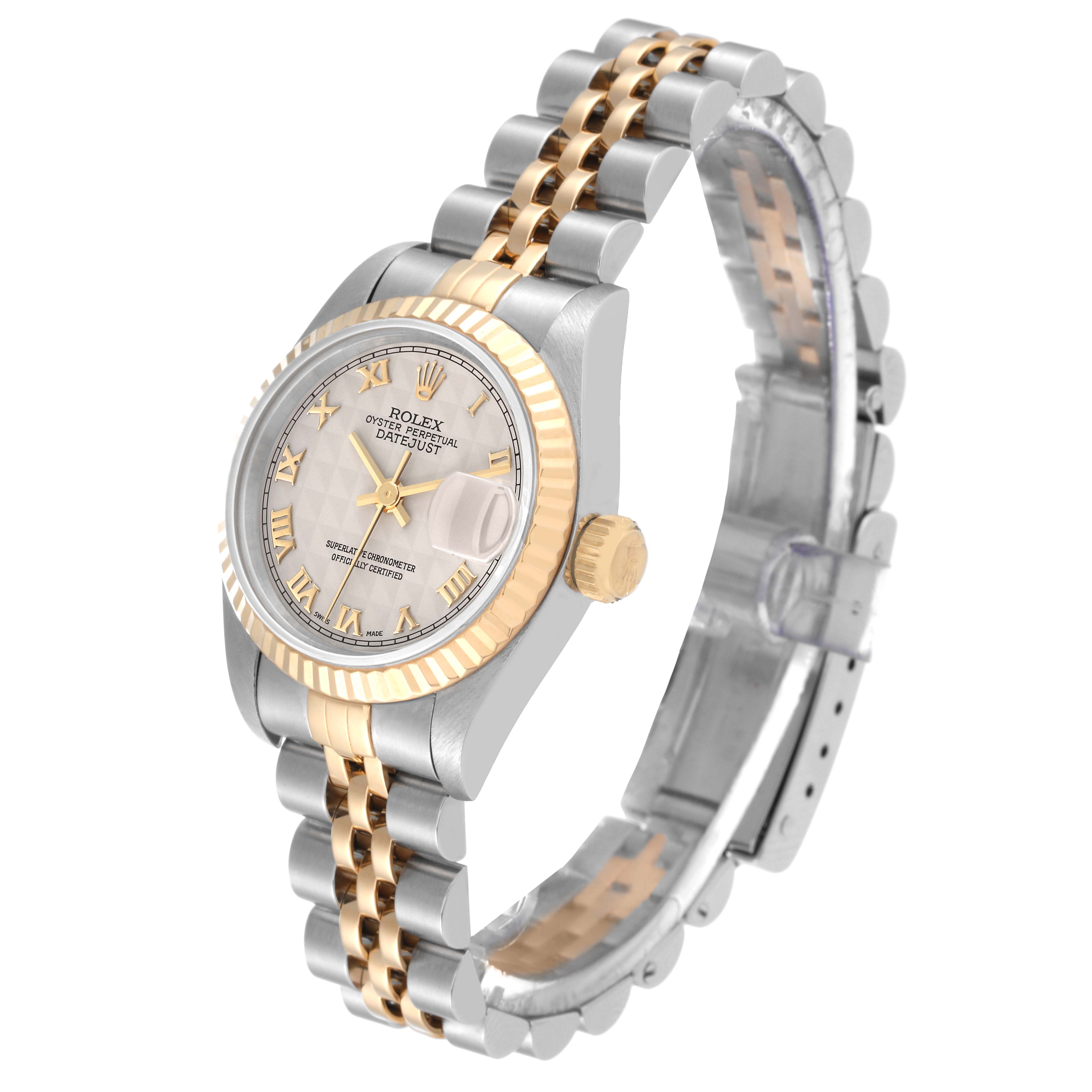 The image shows a Rolex Datejust 69173 Women's Steel and Gold (two tone) White Dial 69173 Women's Steel and Gold (two tone) White Dial watch at a three-quarter angle, highlighting the dial, bezel, and two-tone bracelet.