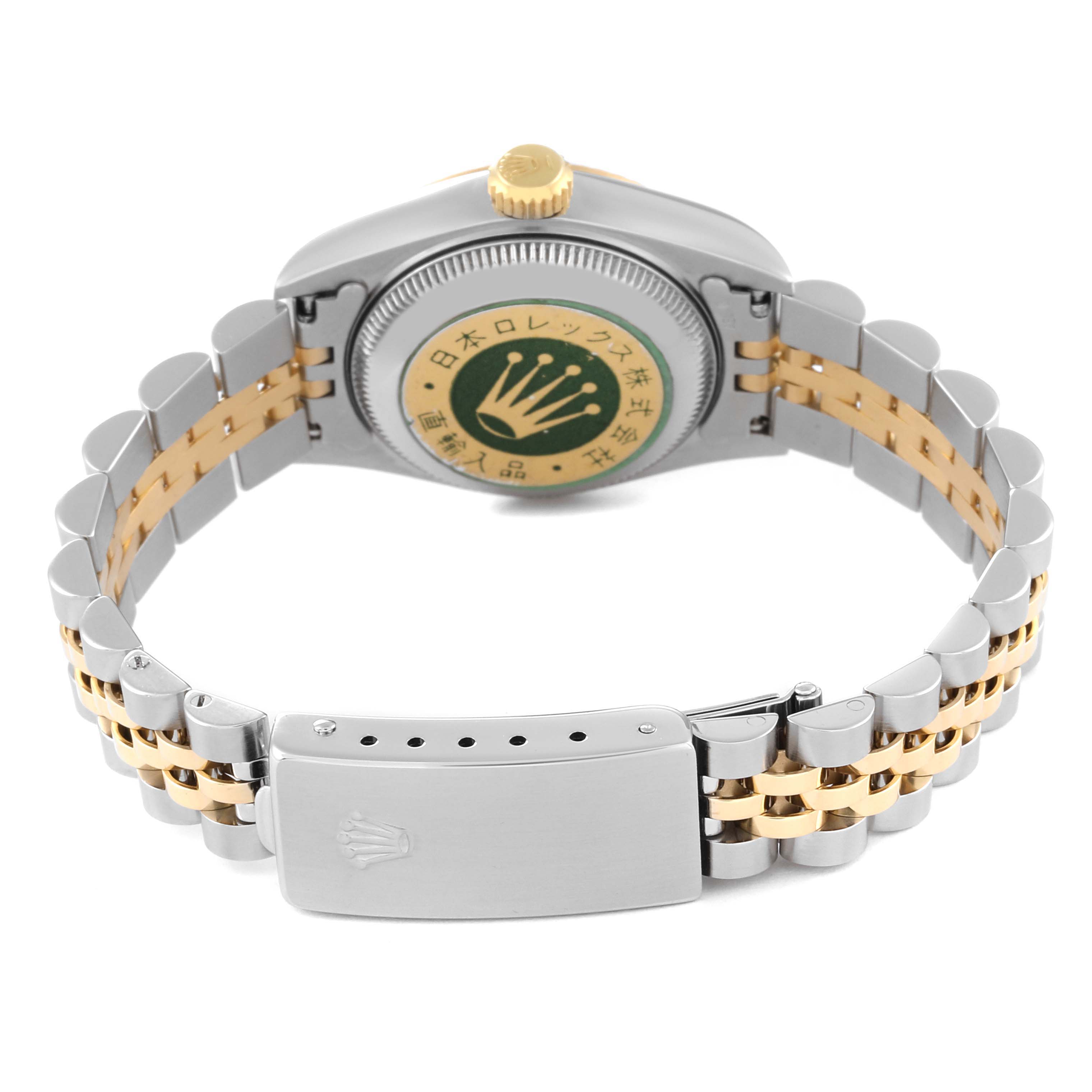This image shows the back view of a Rolex Datejust 69173 Women's Steel and Gold (two tone) White Dial 69173 Women's Steel and Gold (two tone) White Dial watch, highlighting the case back, crown, and two-tone bracelet with clasp.