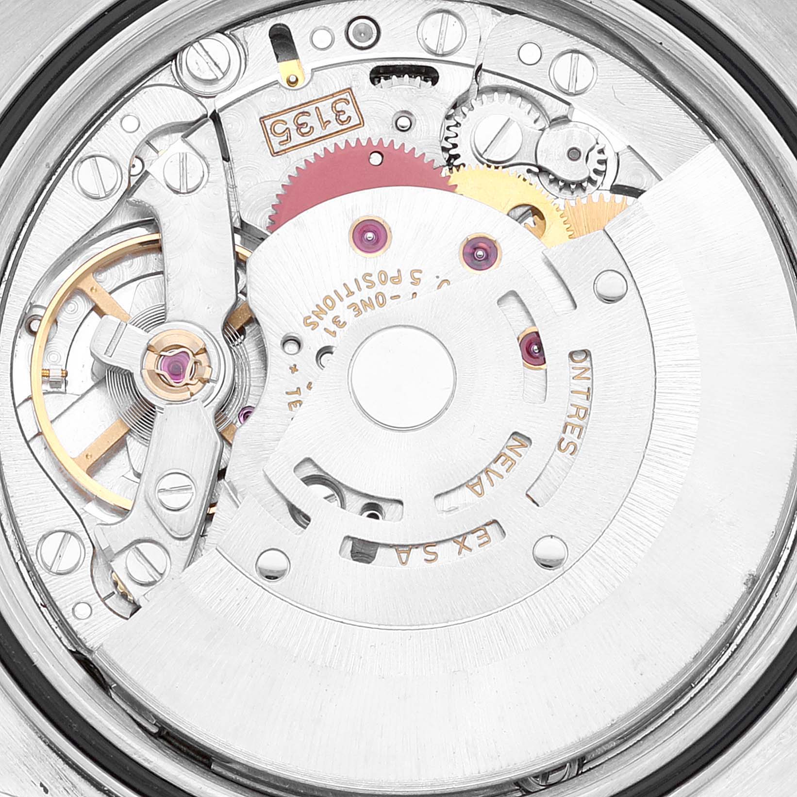 The image shows the intricate internal mechanics and movement of a Rolex Datejust 16233 Men's Steel and Gold (two tone) Beige Dial 16233 Men's Steel and Gold (two tone) Beige Dial watch, viewed from the back.