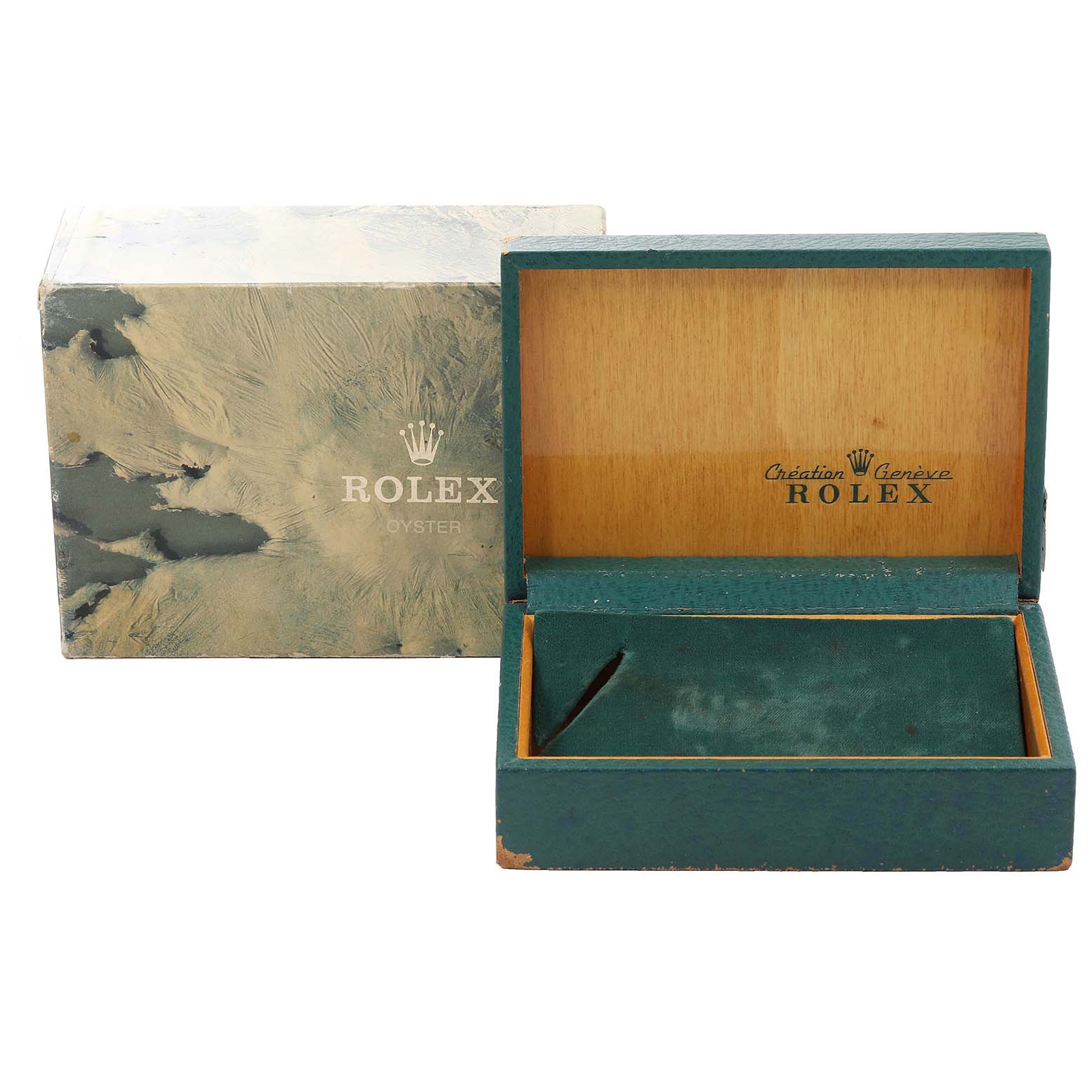 The image shows an open Rolex Datejust 16233 Men's Steel and Gold (two tone) Beige Dial 16233 Men's Steel and Gold (two tone) Beige Dial watch box next to its matching lid, featuring the brand's logo.