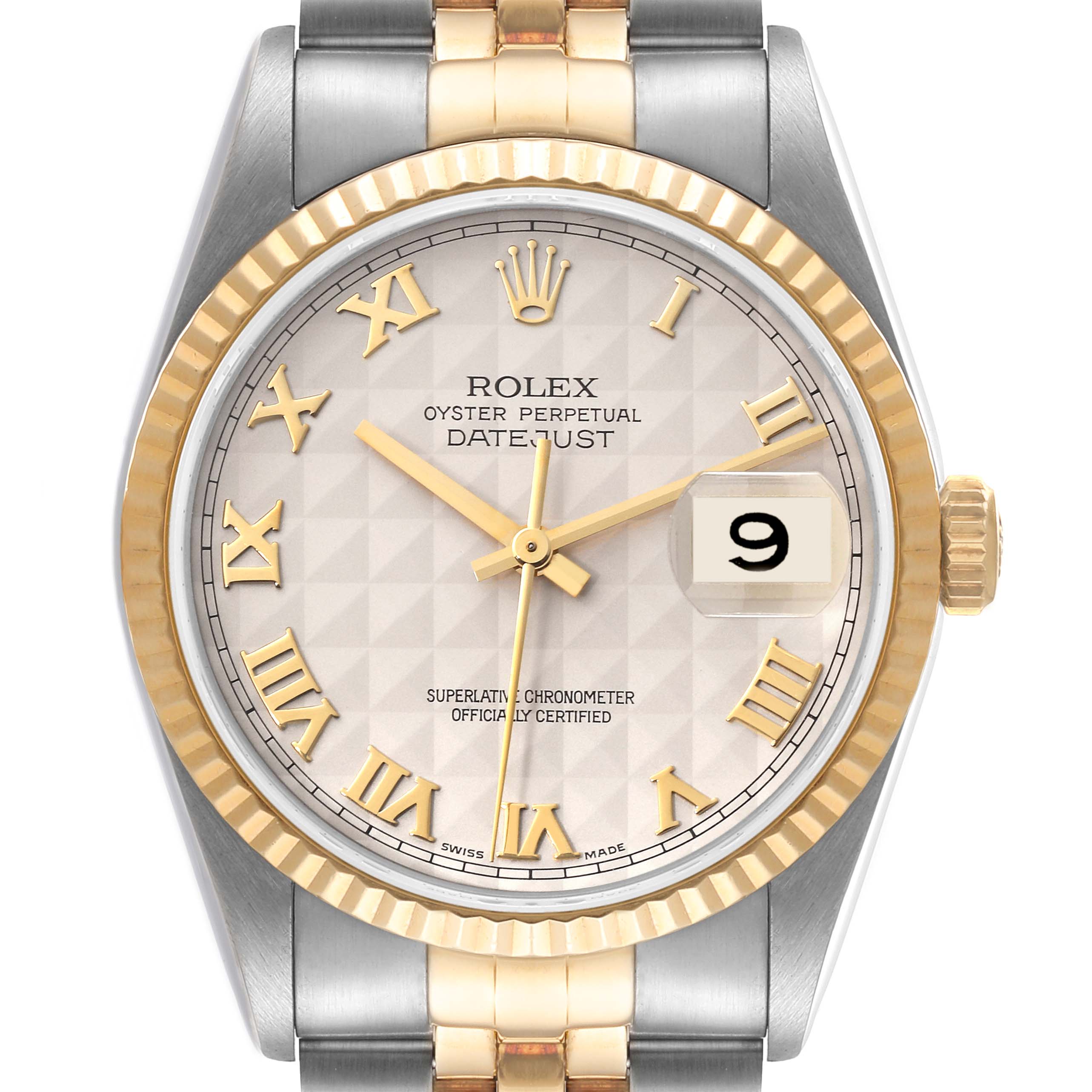 This image shows a front view of the Rolex Datejust 16233 Men's Steel and Gold (two tone) Beige Dial 16233 Men's Steel and Gold (two tone) Beige Dial watch, featuring its dial, bezel, crown, and part of the bracelet.