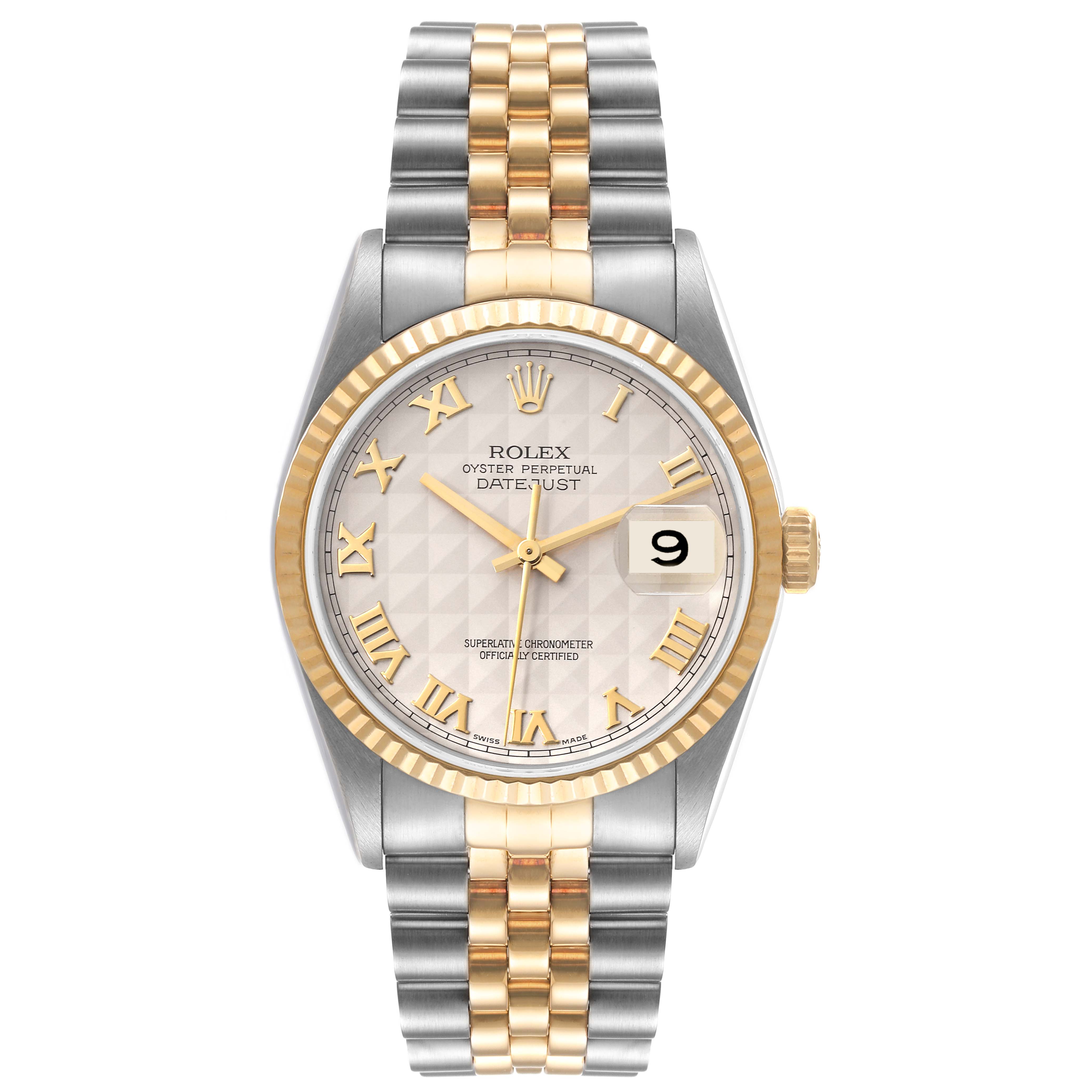 This Rolex Datejust 16233 Men's Steel and Gold (two tone) Beige Dial 16233 Men's Steel and Gold (two tone) Beige Dial watch is shown from the front, displaying the dial, hands, crown, bezel, and bracelet.