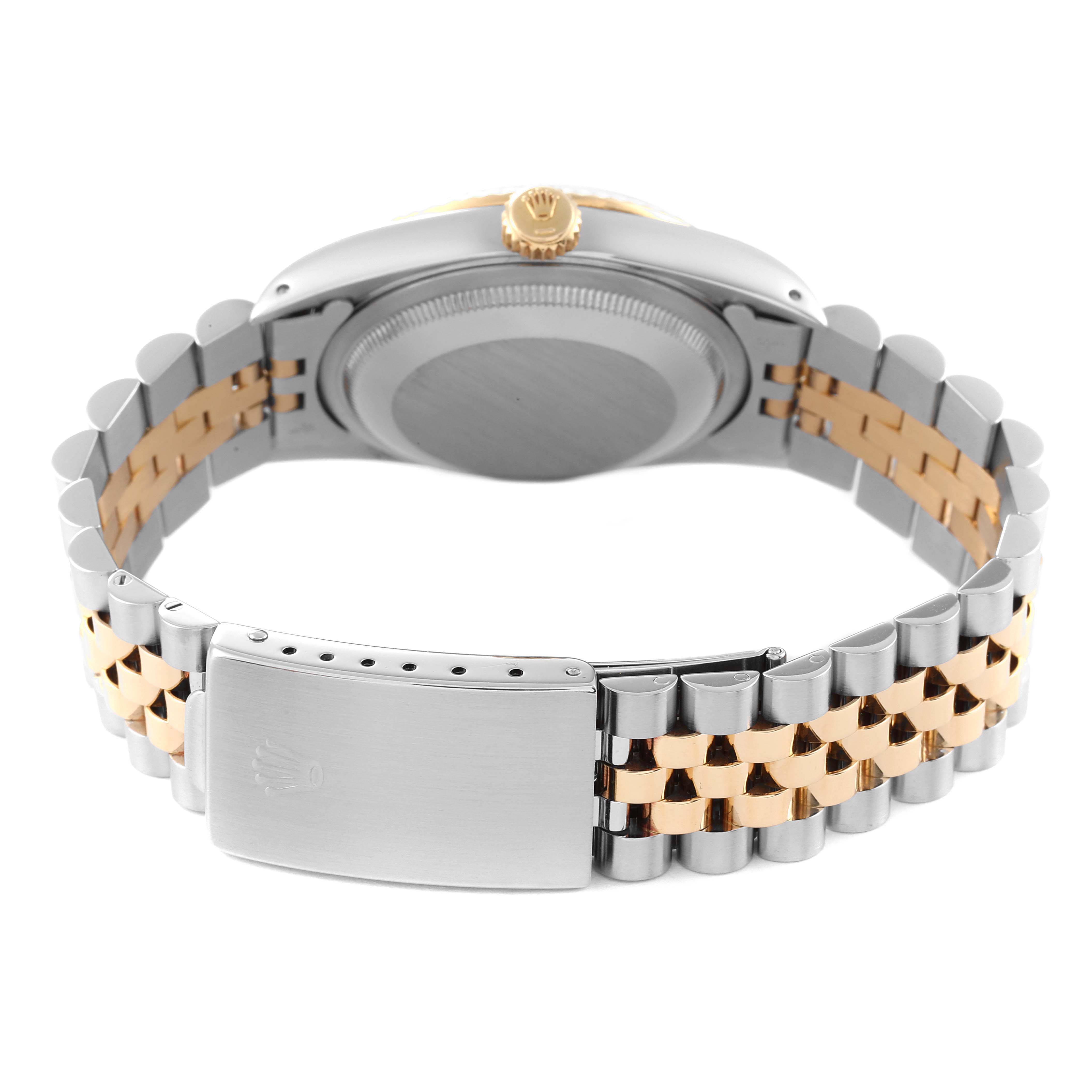 This image shows the back and clasp of a Rolex Datejust 16233 Men's Steel and Gold (two tone) Beige Dial 16233 Men's Steel and Gold (two tone) Beige Dial watch, highlighting its two-tone bracelet and caseback.