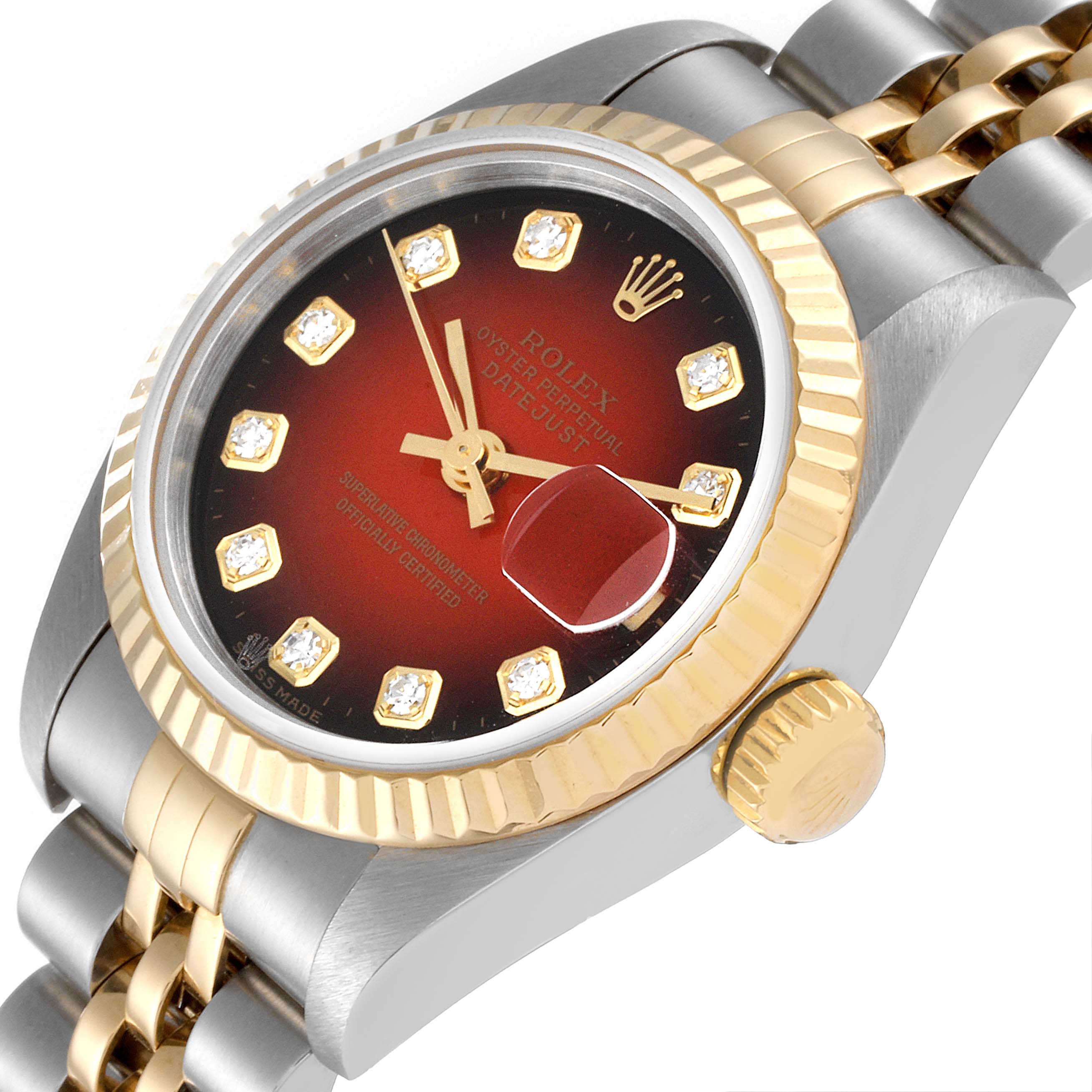 The image shows a Rolex Datejust 79173 Women
s Steel and Gold (two tone) Red Dial 79173 Women
s Steel and Gold (two tone) Red Dial watch from an angled side view, highlighting its dial, bezel, and part of the bracelet.