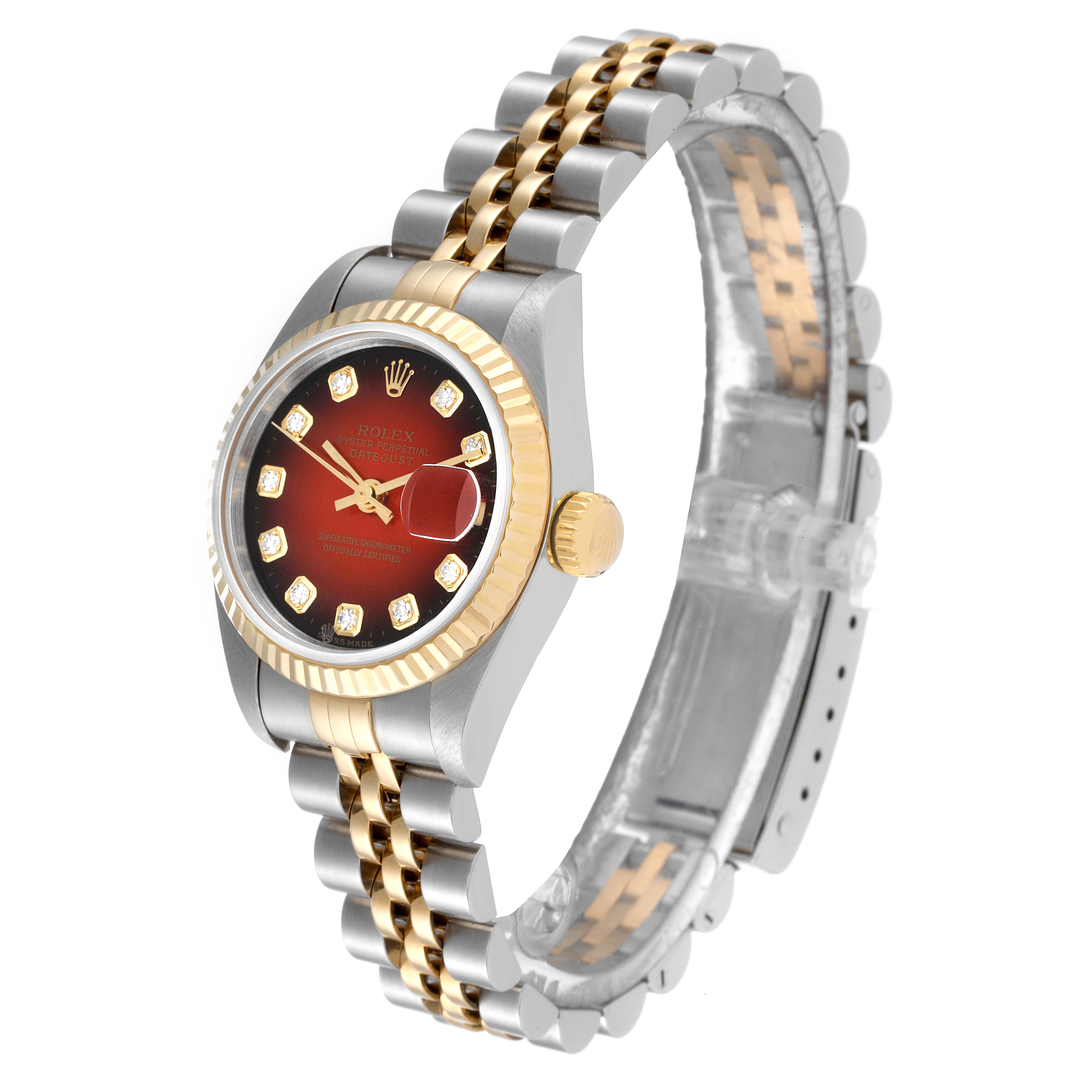This image shows a side angle of a Rolex Datejust 79173 Women
s Steel and Gold (two tone) Red Dial 79173 Women
s Steel and Gold (two tone) Red Dial watch, highlighting the dial, bezel, crown, and bracelet.