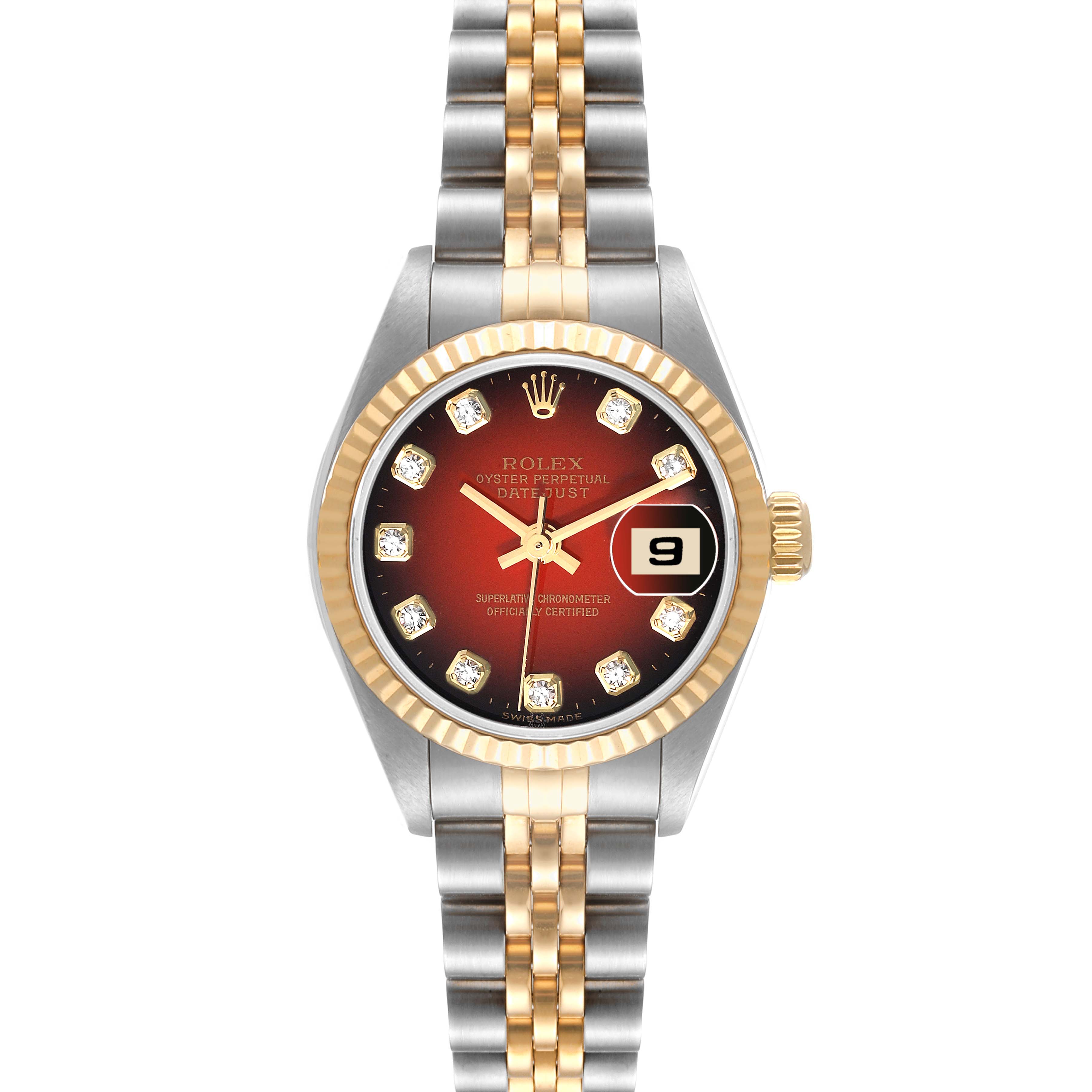 This image shows a front view of a Rolex Datejust 79173 Women
s Steel and Gold (two tone) Red Dial 79173 Women
s Steel and Gold (two tone) Red Dial watch featuring a bi-metal bracelet and diamond hour markers.