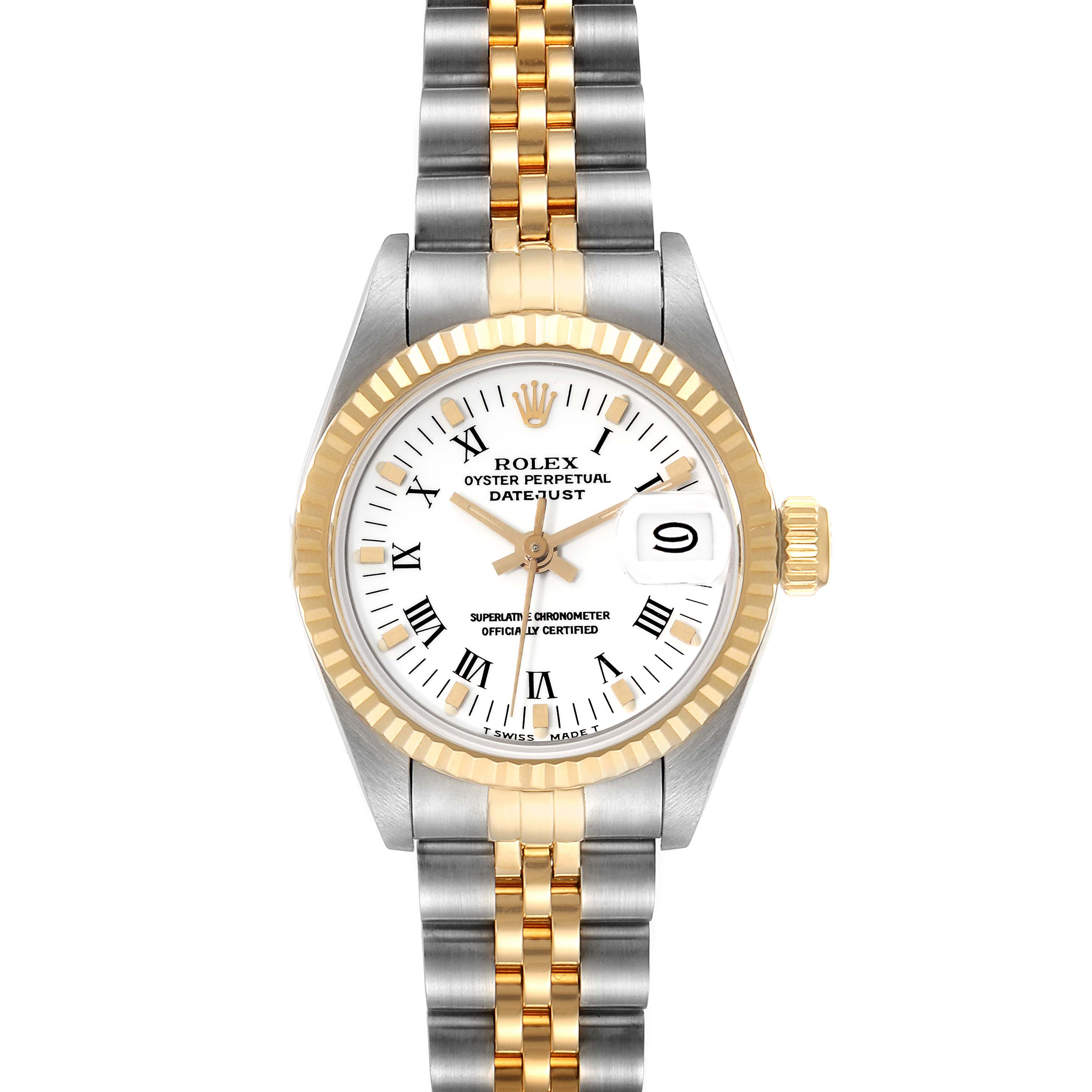 The Rolex Datejust 69173 Women's Steel and Gold (two tone) White Dial 69173 Women's Steel and Gold (two tone) White Dial watch is shown from the front, displaying its dial, bezel, and two-tone bracelet.