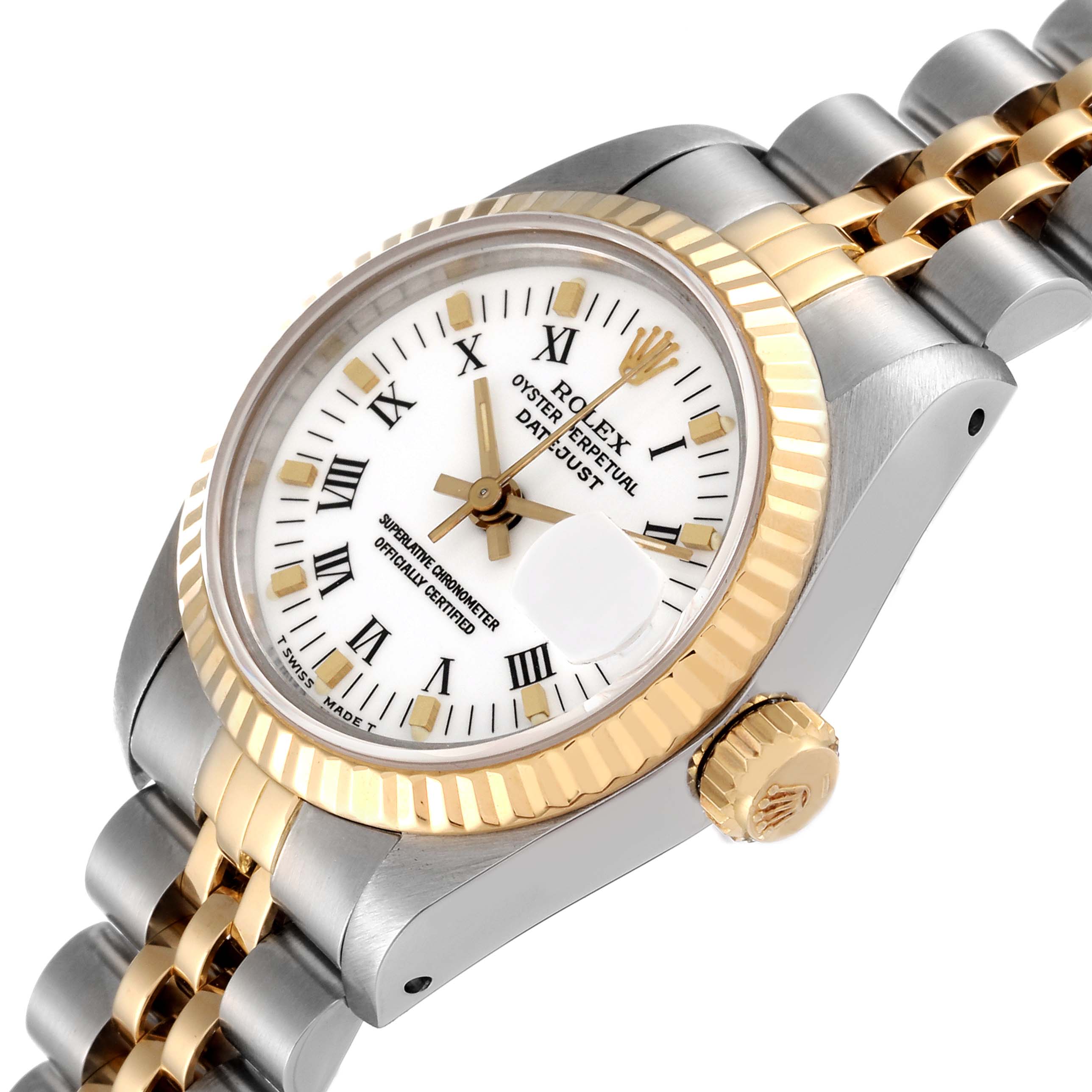 The image displays a close-up, angled view of the Rolex Datejust 69173 Women's Steel and Gold (two tone) White Dial 69173 Women's Steel and Gold (two tone) White Dial watch, highlighting its dial, bezel, and part of the bracelet.