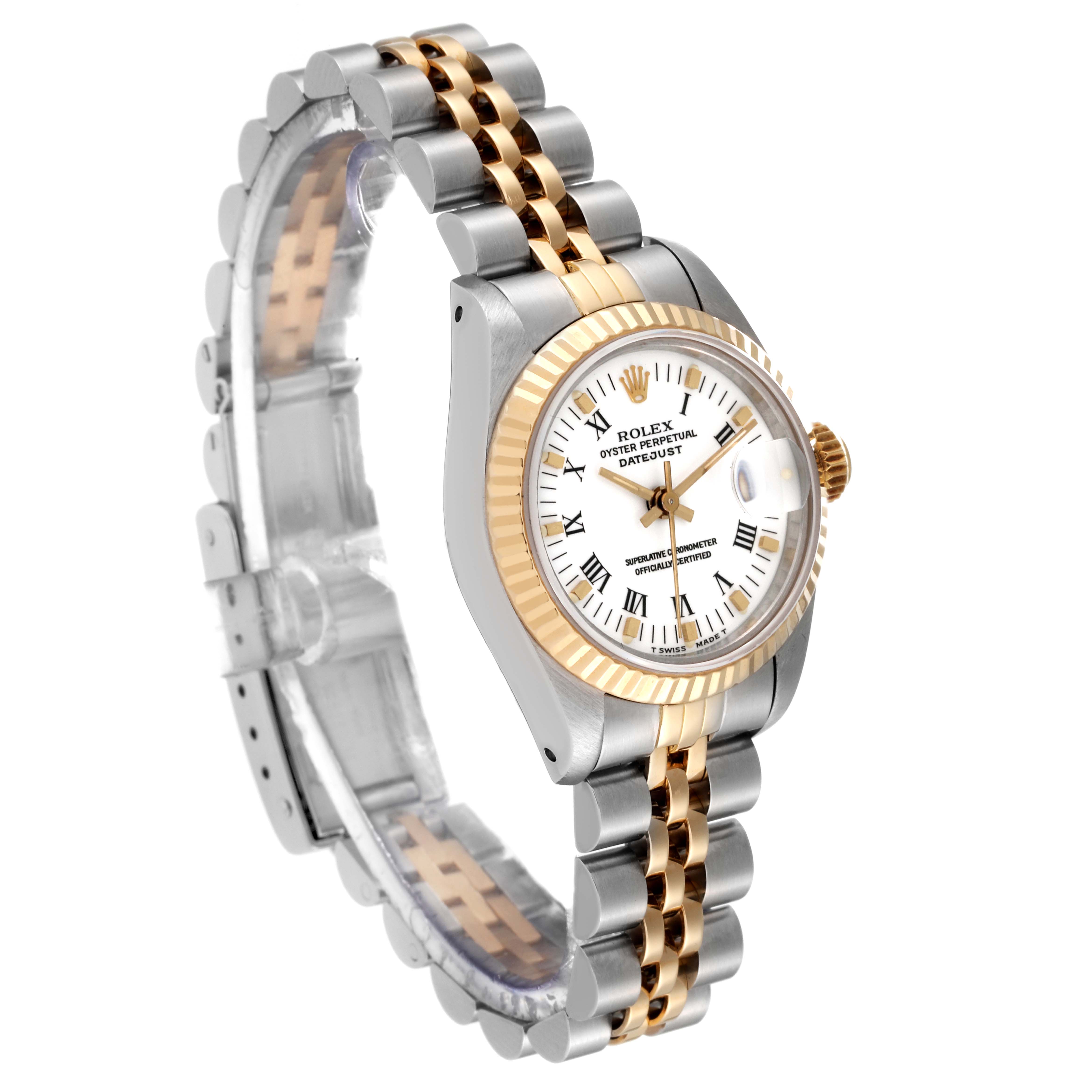 The Rolex Datejust 69173 Women's Steel and Gold (two tone) White Dial 69173 Women's Steel and Gold (two tone) White Dial watch is shown at a side angle, highlighting its dial, bezel, and two-tone bracelet.