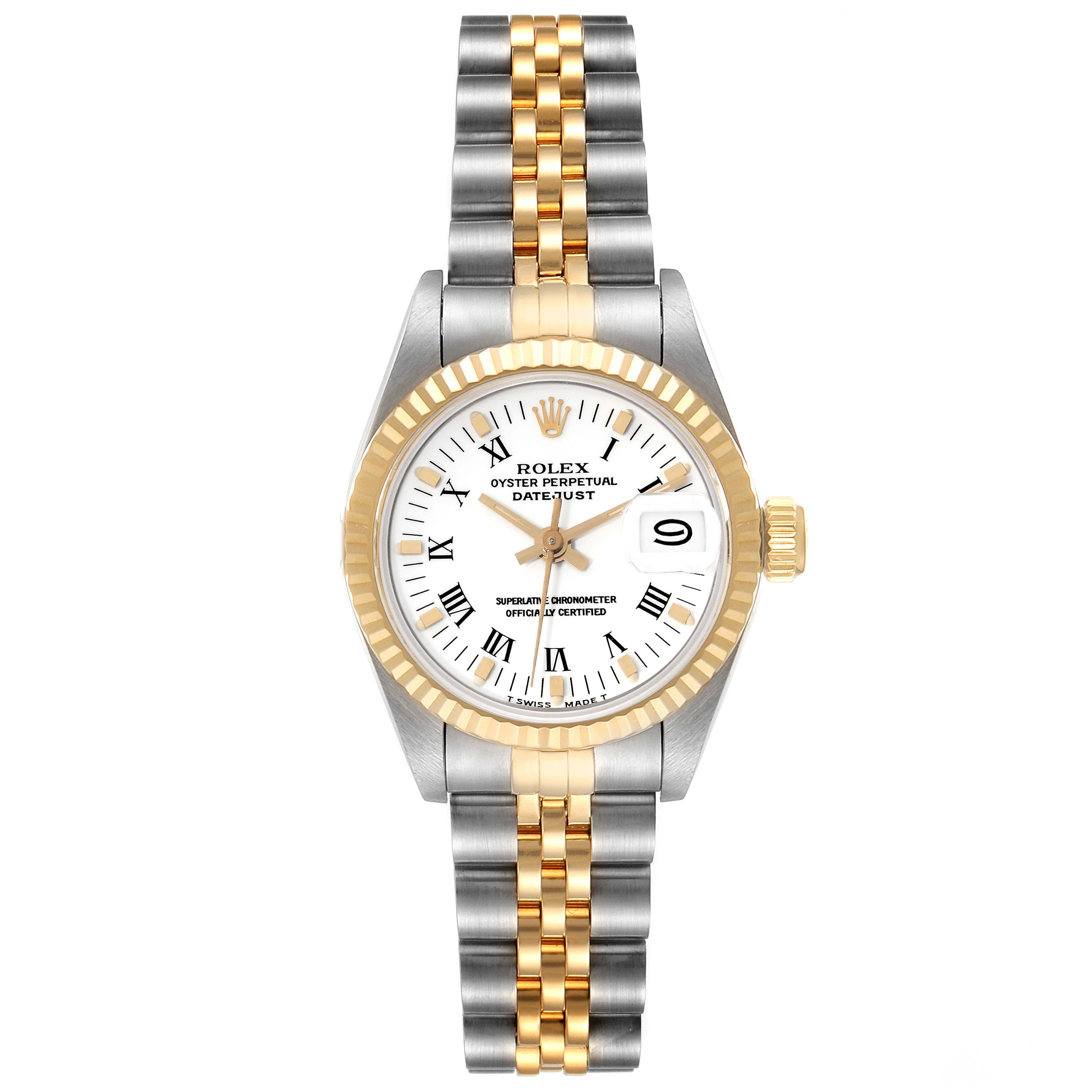 The Rolex Datejust 69173 Women's Steel and Gold (two tone) White Dial 69173 Women's Steel and Gold (two tone) White Dial watch is shown from a top view, displaying its dial, bezel, crown, and bracelet.