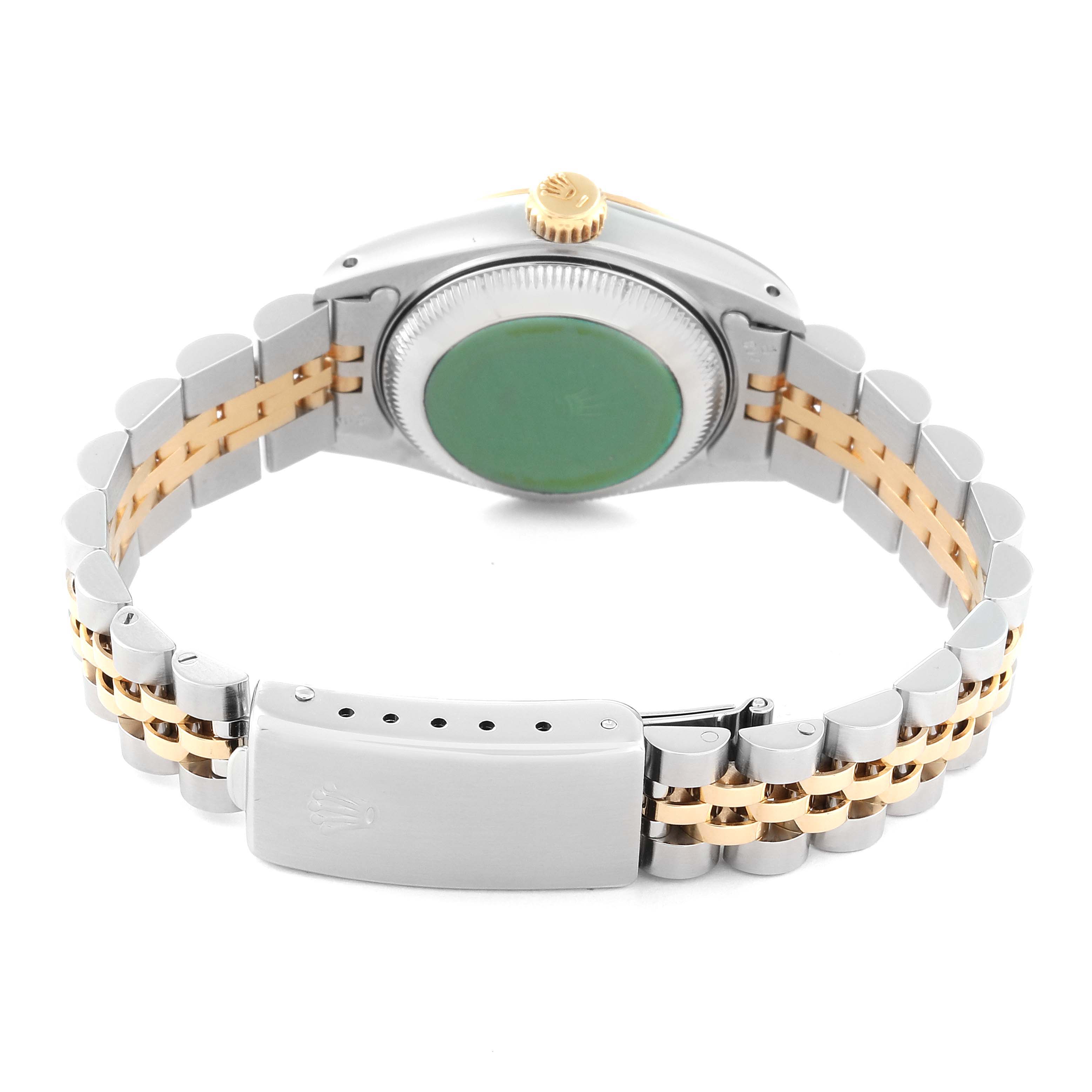 This image shows the clasp, bracelet, case back, and crown of a Rolex Datejust 69173 Women's Steel and Gold (two tone) White Dial 69173 Women's Steel and Gold (two tone) White Dial watch from the rear angle.