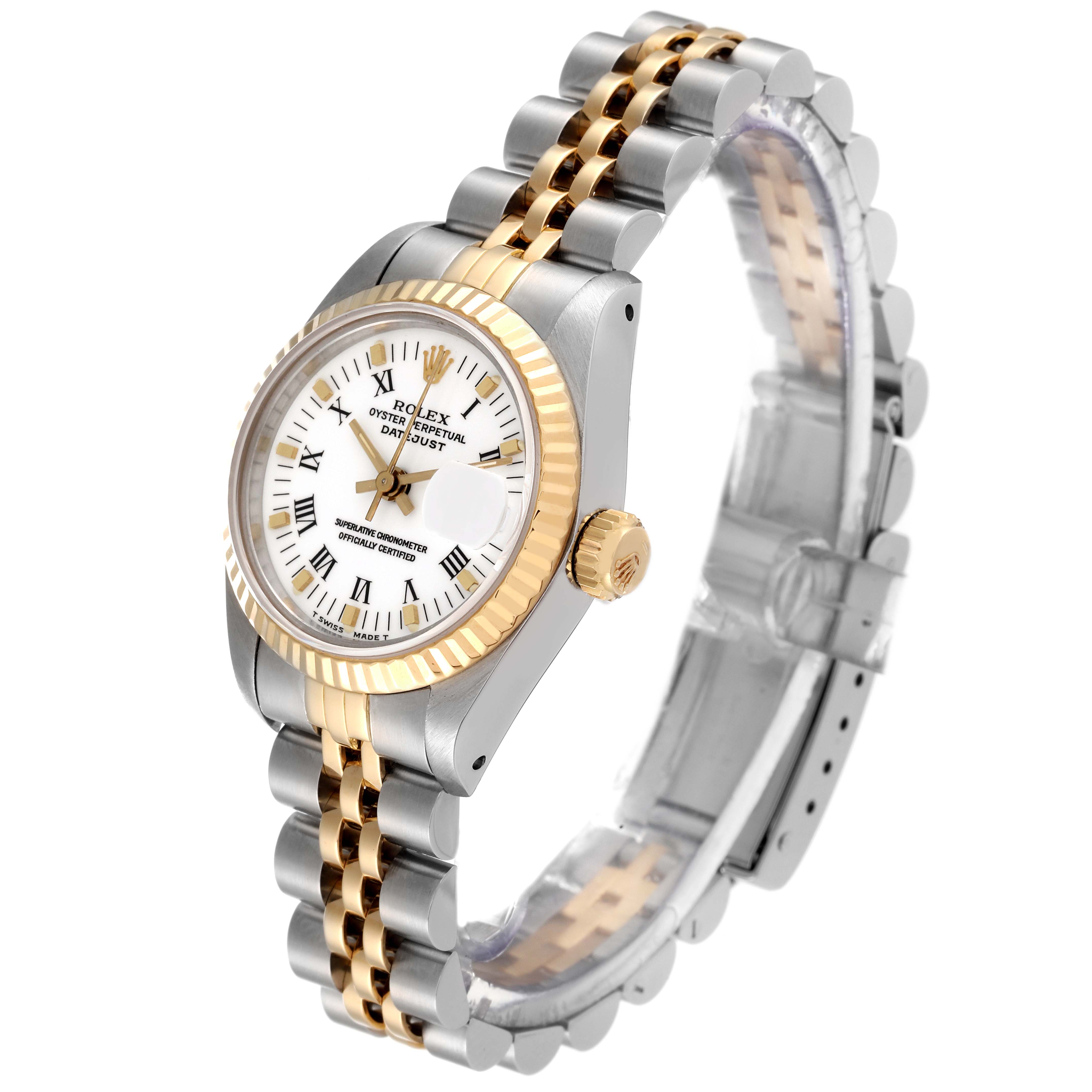 The Rolex Datejust 69173 Women's Steel and Gold (two tone) White Dial 69173 Women's Steel and Gold (two tone) White Dial watch is displayed at an angle showing its face, bezel, crown, and two-tone bracelet.