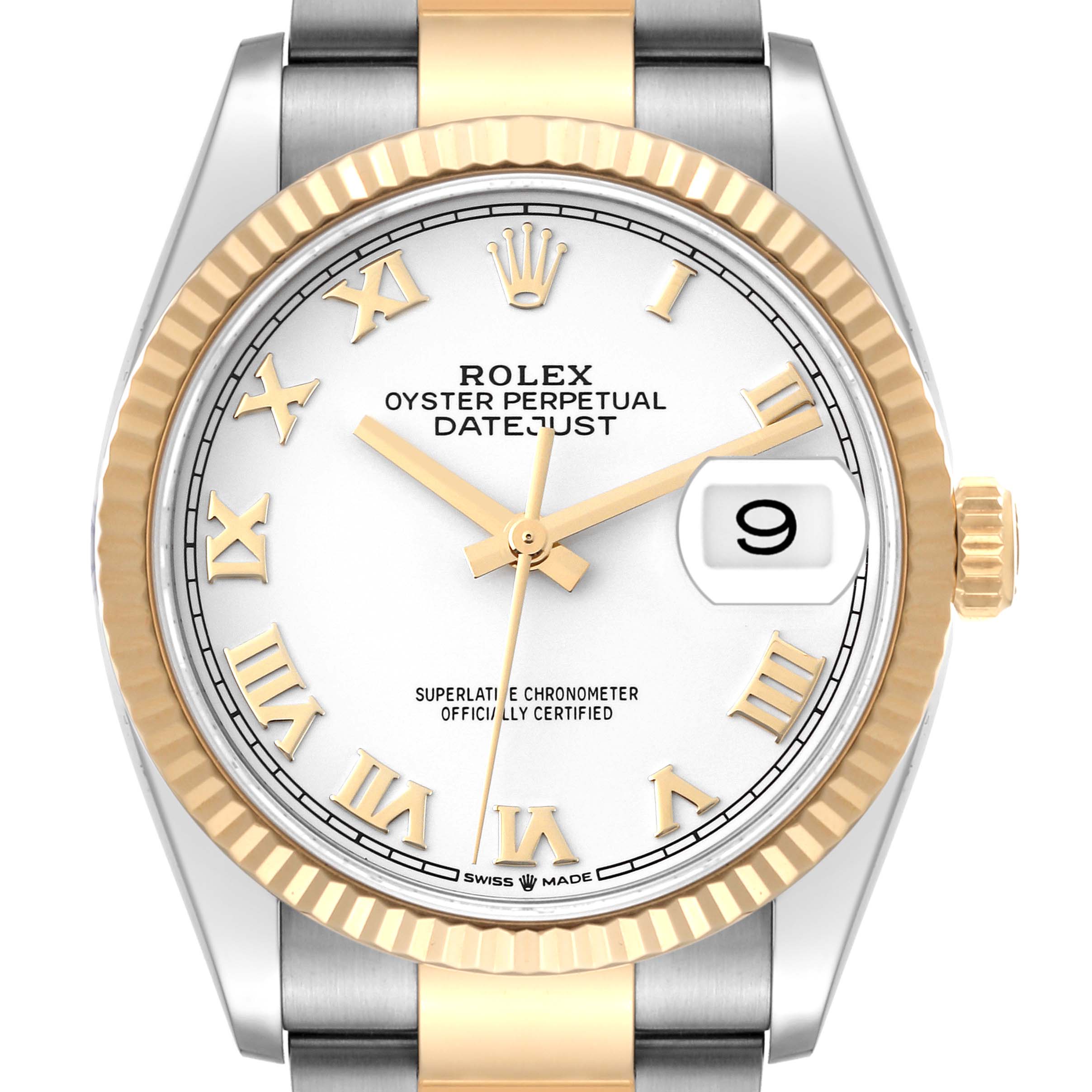 This is a close-up frontal view of a Rolex Datejust 126233 Men's Steel and Gold (two tone) White Dial 126233 Men's Steel and Gold (two tone) White Dial watch, showing its dial, bezel, and part of the bracelet.
