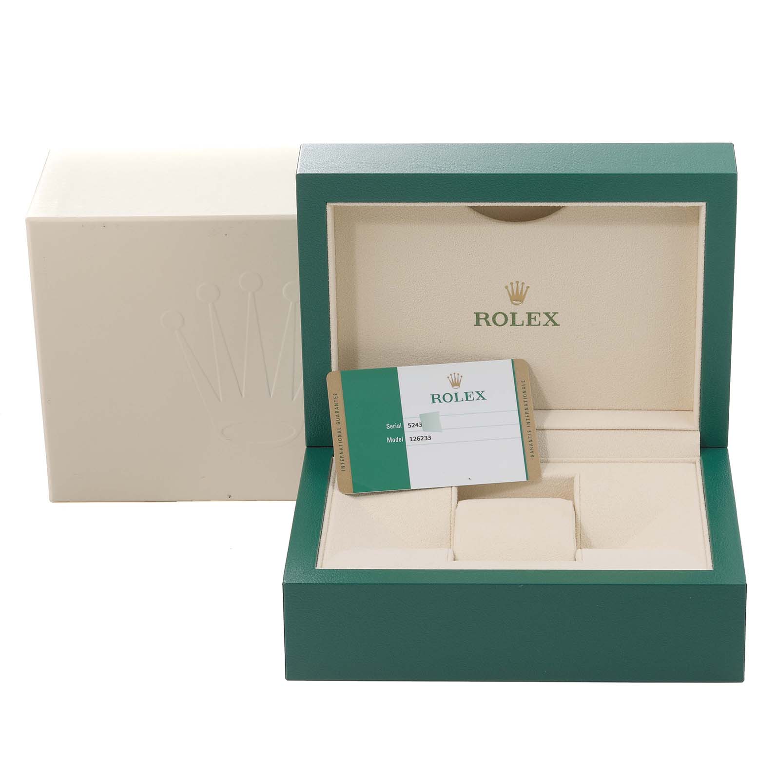 The image shows the packaging and warranty card for a Rolex Datejust 126233 Men's Steel and Gold (two tone) White Dial 126233 Men's Steel and Gold (two tone) White Dial watch, including a green and beige box.