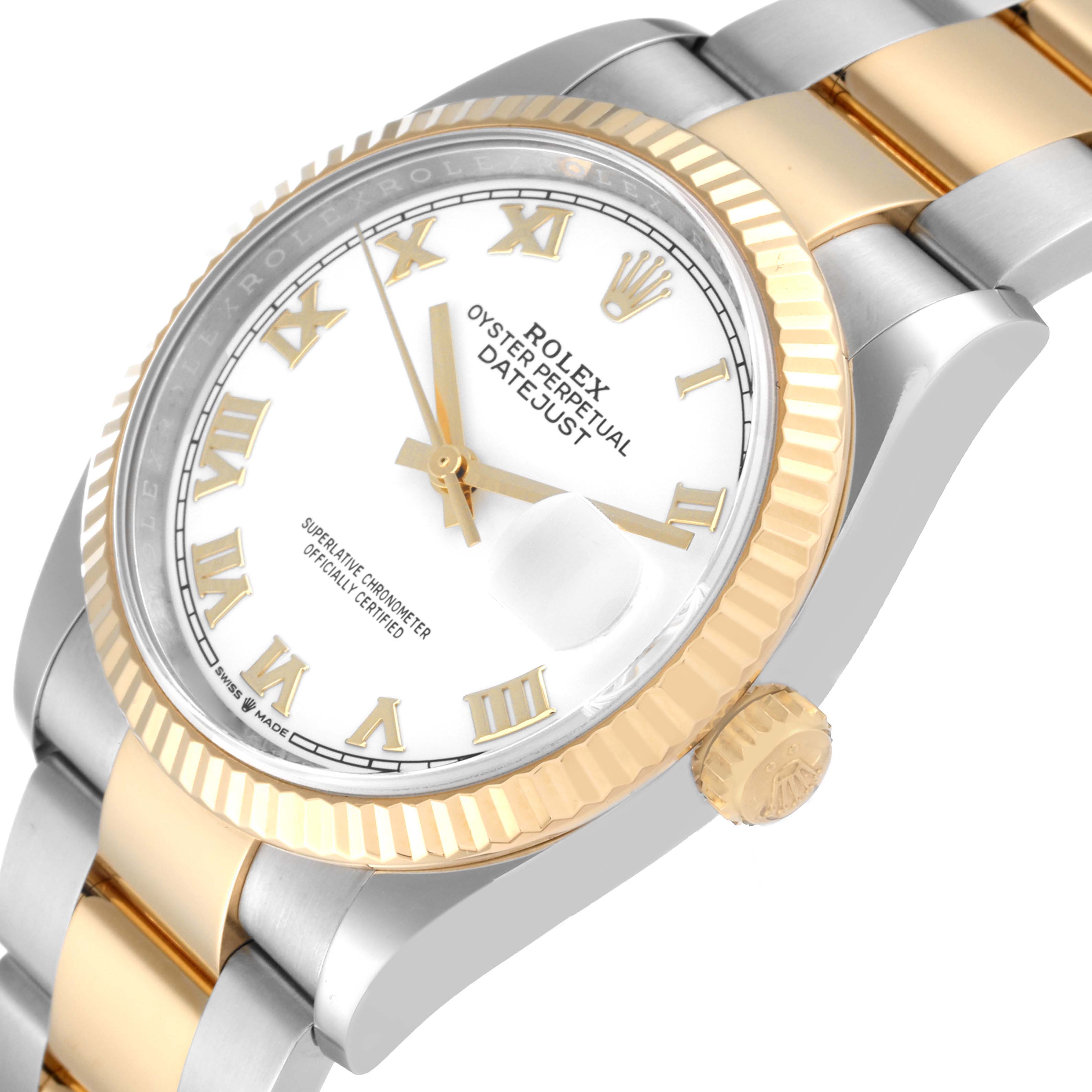 This Rolex Datejust 126233 Men's Steel and Gold (two tone) White Dial 126233 Men's Steel and Gold (two tone) White Dial watch is shown at an angle featuring its dial, bezel, and part of the bracelet.
