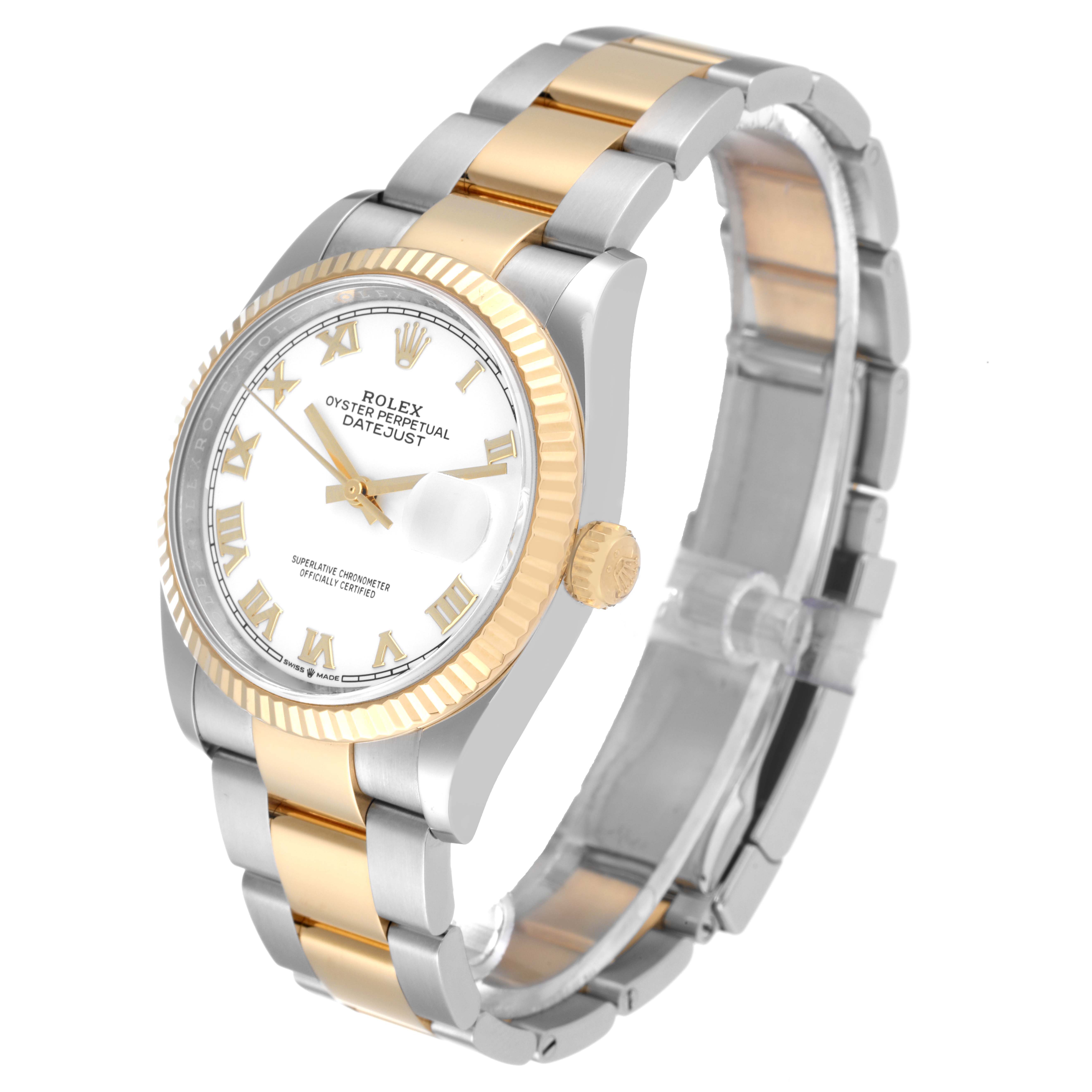 The image shows a Rolex Datejust 126233 Men's Steel and Gold (two tone) White Dial 126233 Men's Steel and Gold (two tone) White Dial watch from a three-quarter angle, highlighting the bracelet, bezel, and dial.