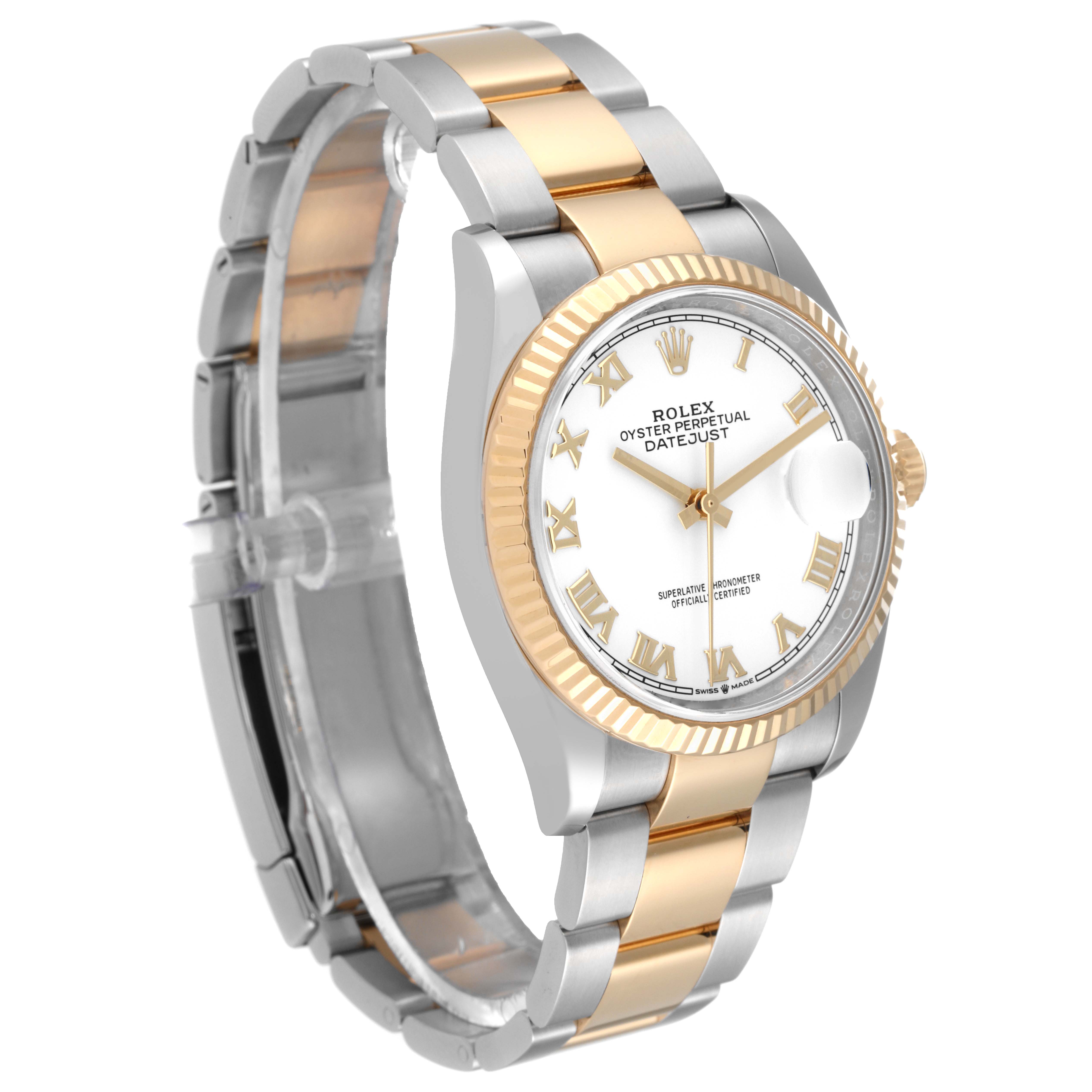 The image shows a Rolex Datejust 126233 Men's Steel and Gold (two tone) White Dial 126233 Men's Steel and Gold (two tone) White Dial watch angled to display its face, bezel, and two-toned bracelet.