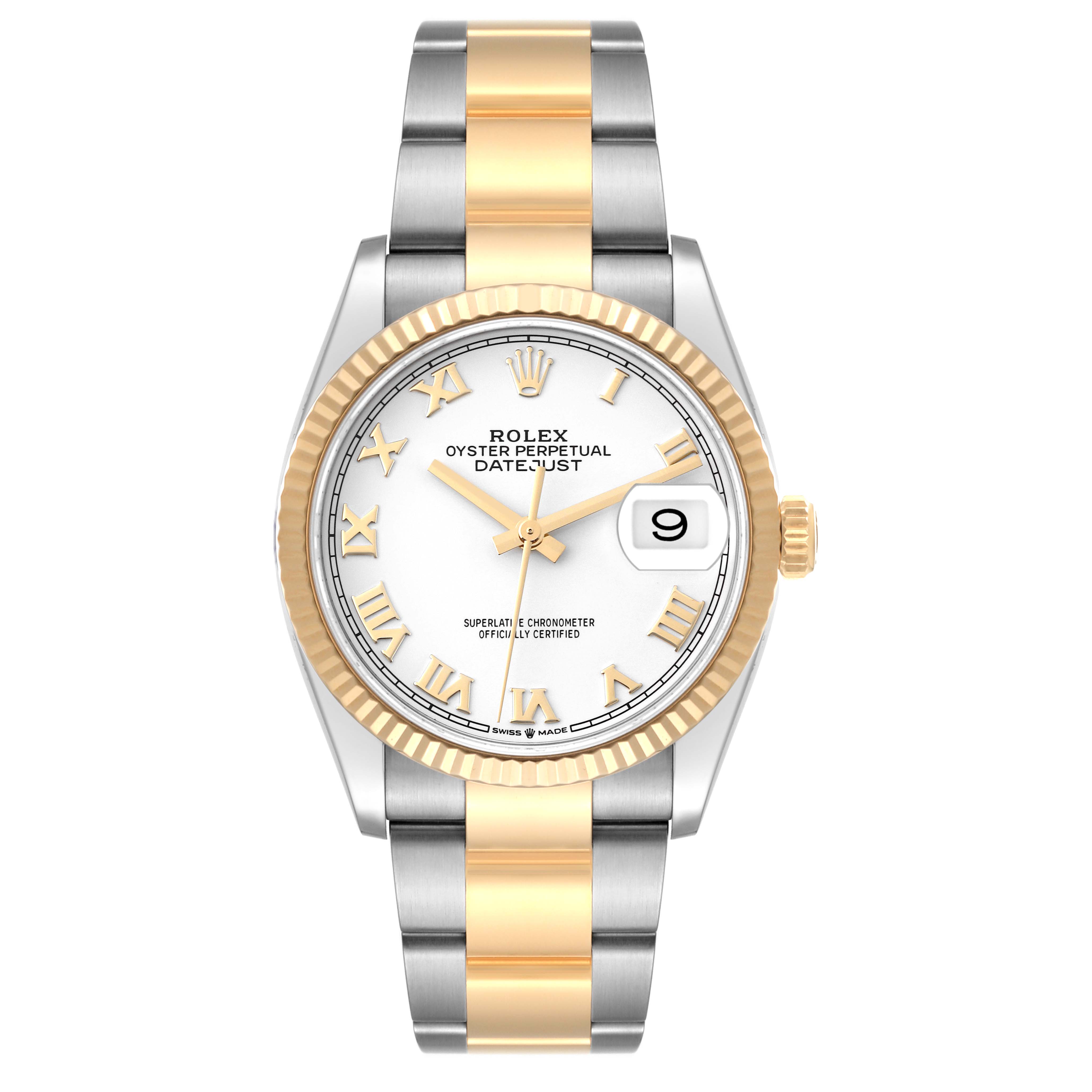 The Rolex Datejust 126233 Men's Steel and Gold (two tone) White Dial 126233 Men's Steel and Gold (two tone) White Dial watch is shown from the front, displaying its two-tone bracelet, fluted bezel, and date window.
