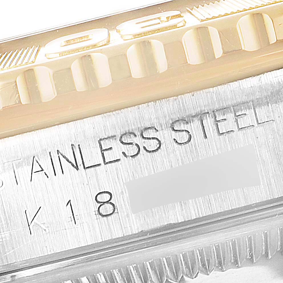 This image shows a close-up of the stainless steel casing and bezel of a Rolex Turn-o-Graph 16263 Men
s Steel and Gold (two tone) White Dial 16263 Men
s Steel and Gold (two tone) White Dial model.