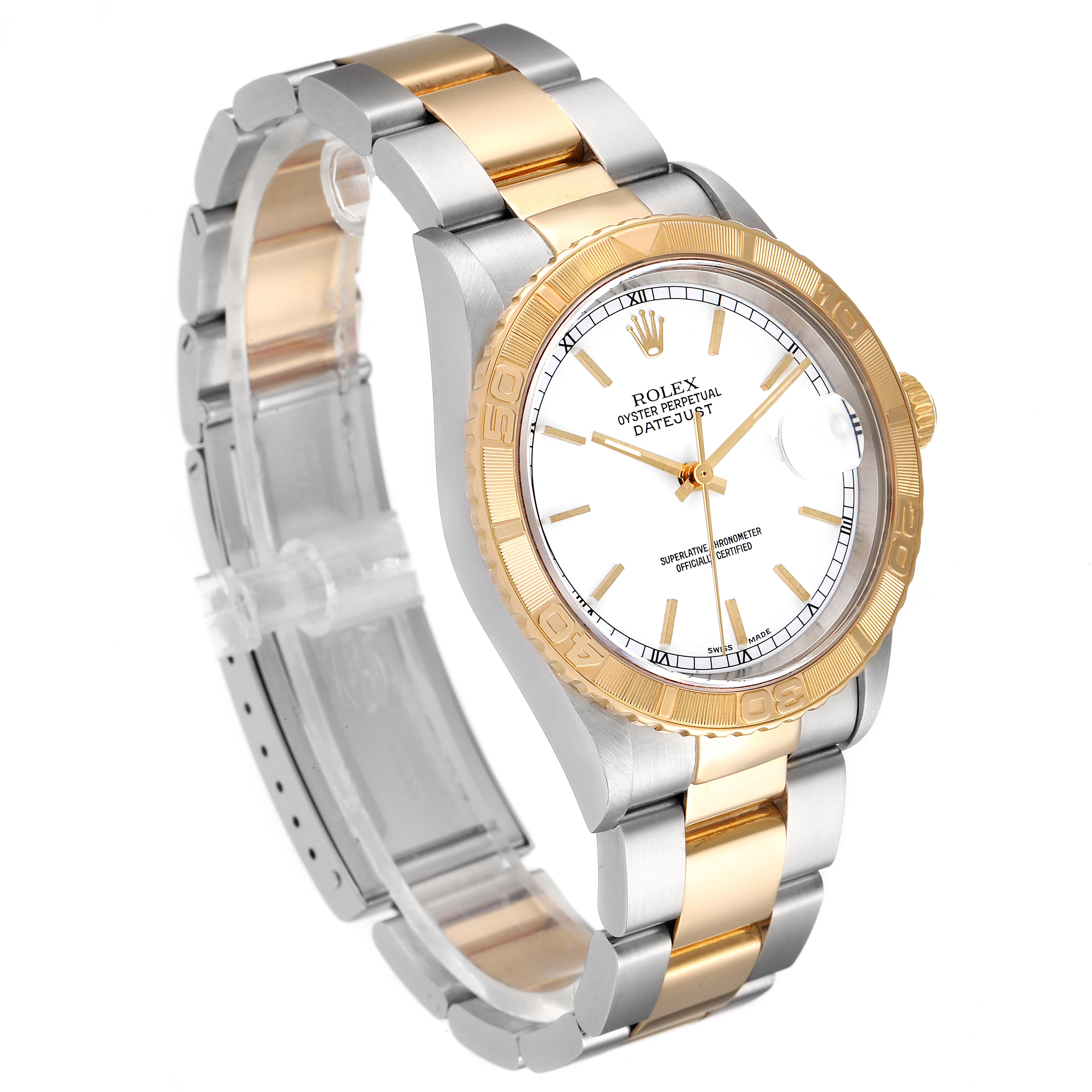 The Turn-o-Graph model by Rolex is shown from an angled view, highlighting its two-tone bracelet, bezel, and watch face.