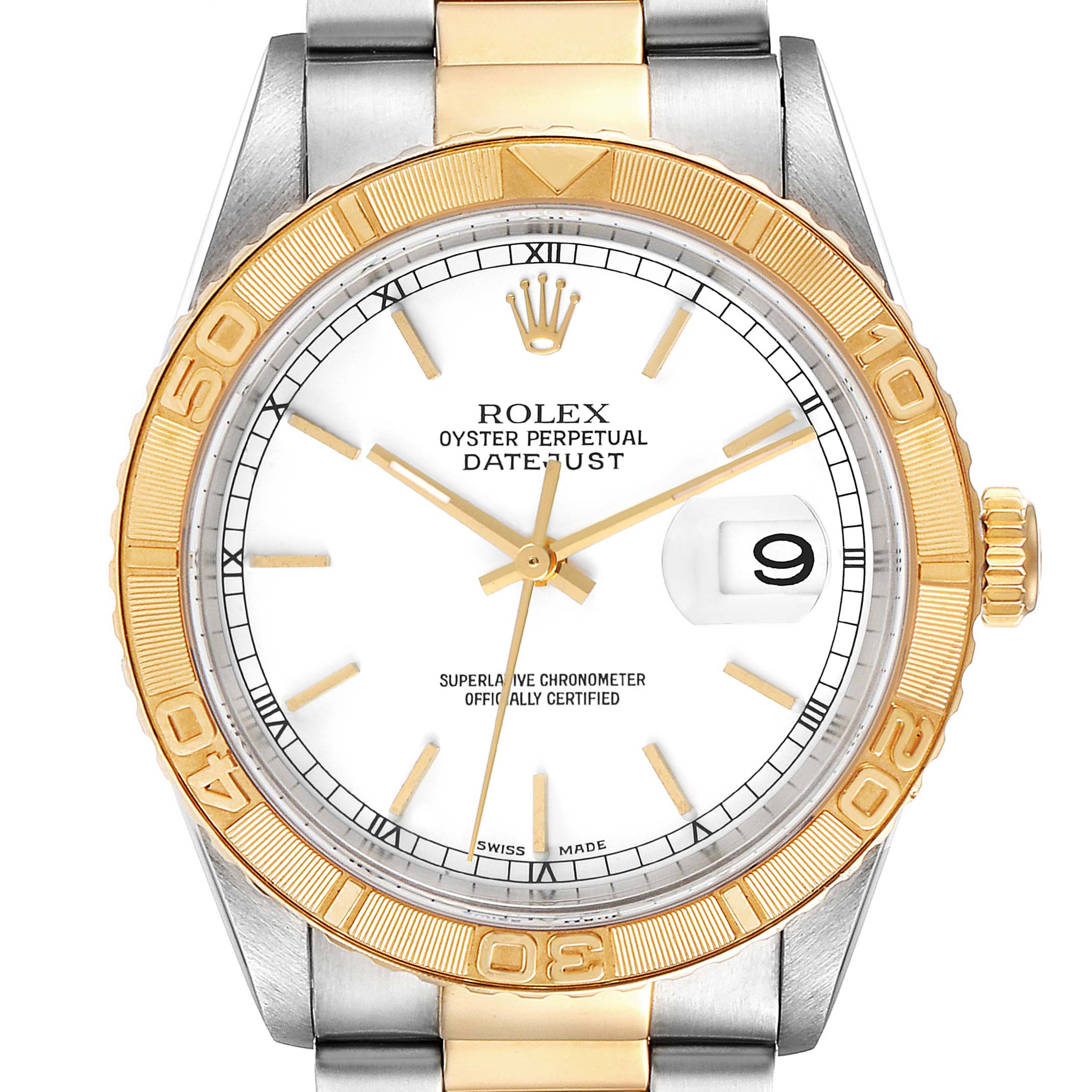 The image shows a front view of a Rolex Turn-o-Graph 16263 Men
s Steel and Gold (two tone) White Dial 16263 Men
s Steel and Gold (two tone) White Dial watch, highlighting its dial, bezel, and part of the strap.