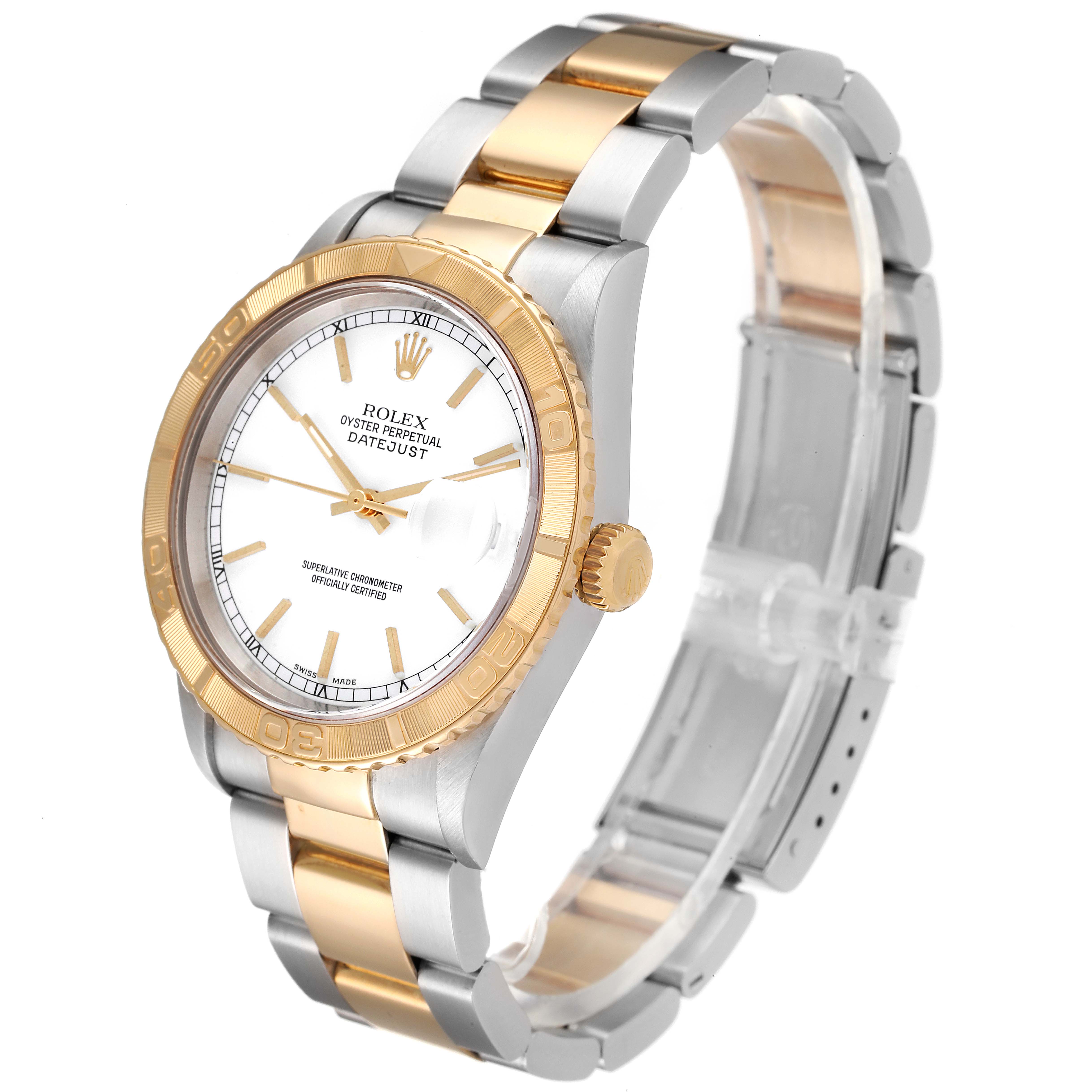 This image shows a Rolex Turn-o-Graph 16263 Men
s Steel and Gold (two tone) White Dial 16263 Men
s Steel and Gold (two tone) White Dial watch at a slight angle, highlighting the face, bezel, crown, and two-tone bracelet.