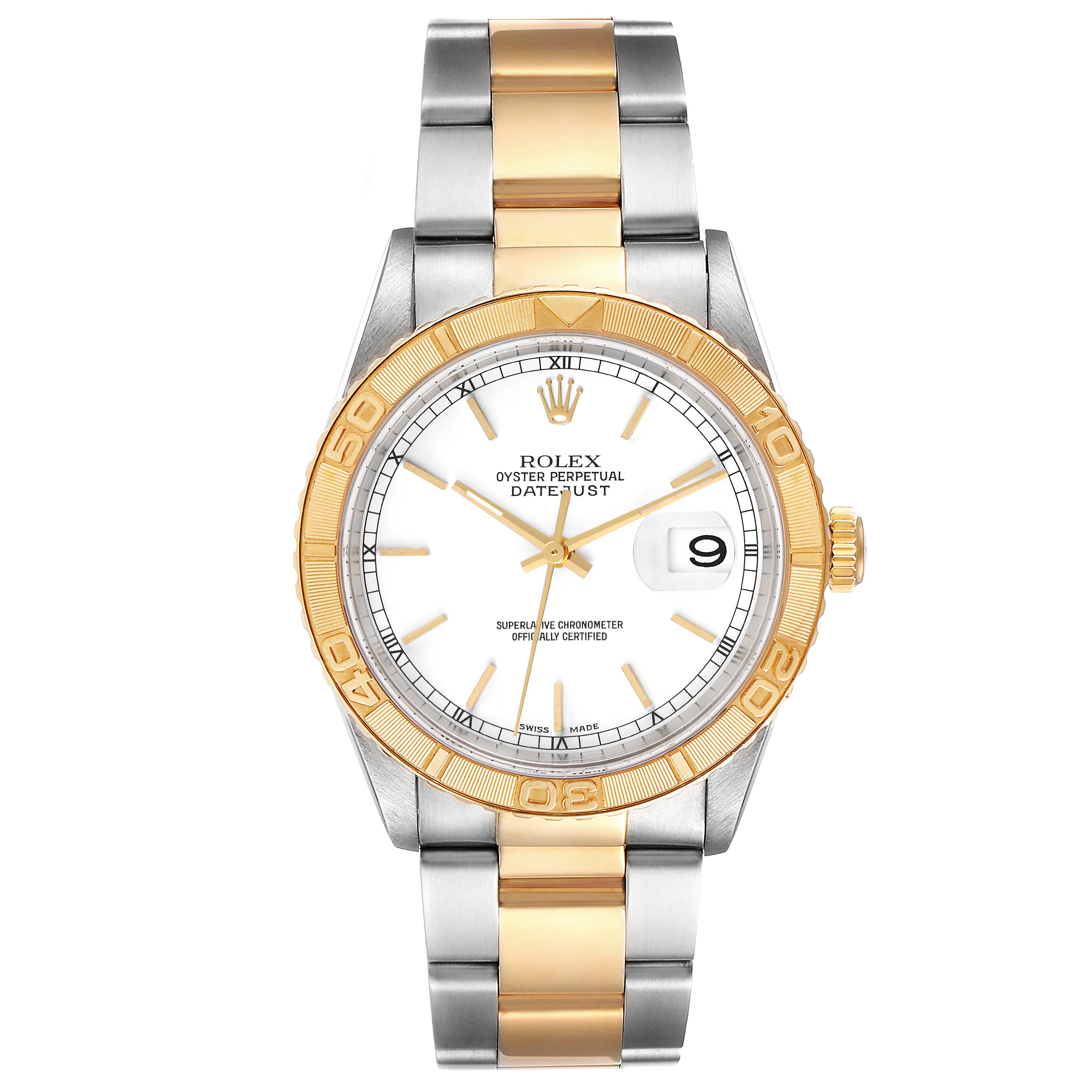 This image shows the Rolex Turn-o-Graph 16263 Men
s Steel and Gold (two tone) White Dial 16263 Men
s Steel and Gold (two tone) White Dial watch from a front angle, highlighting its bezel, dial, and two-tone bracelet.