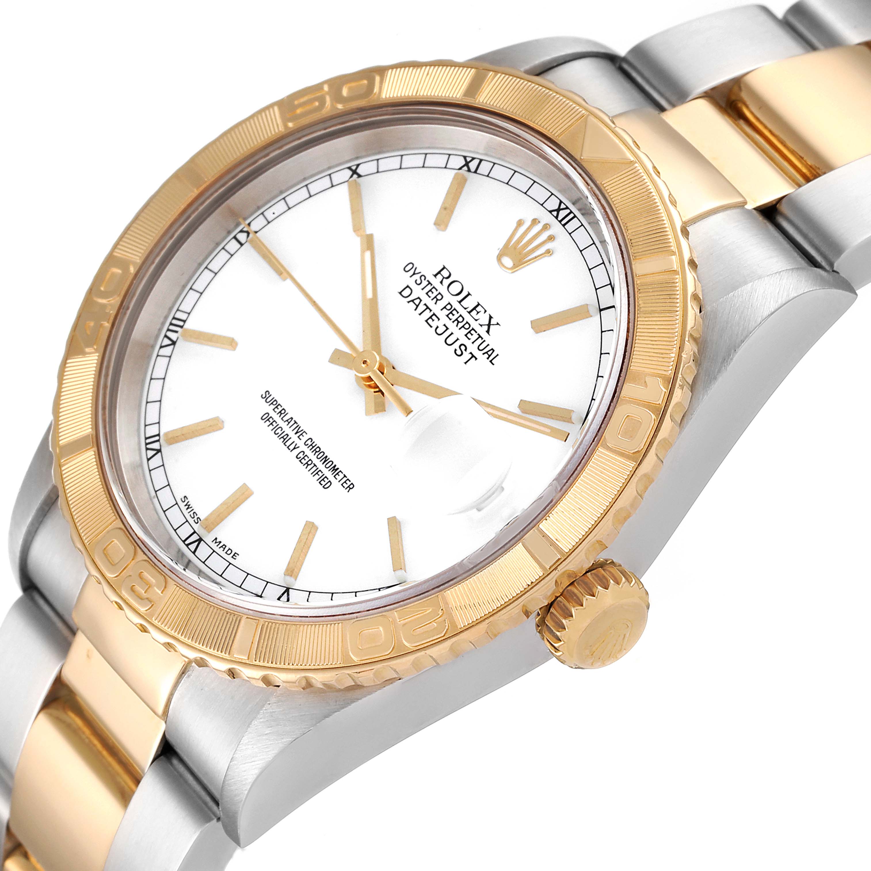 This image shows a Rolex Turn-o-Graph 16263 Men
s Steel and Gold (two tone) White Dial 16263 Men
s Steel and Gold (two tone) White Dial watch at a slight angle, displaying the bezel, dial, crown, and part of the bracelet.