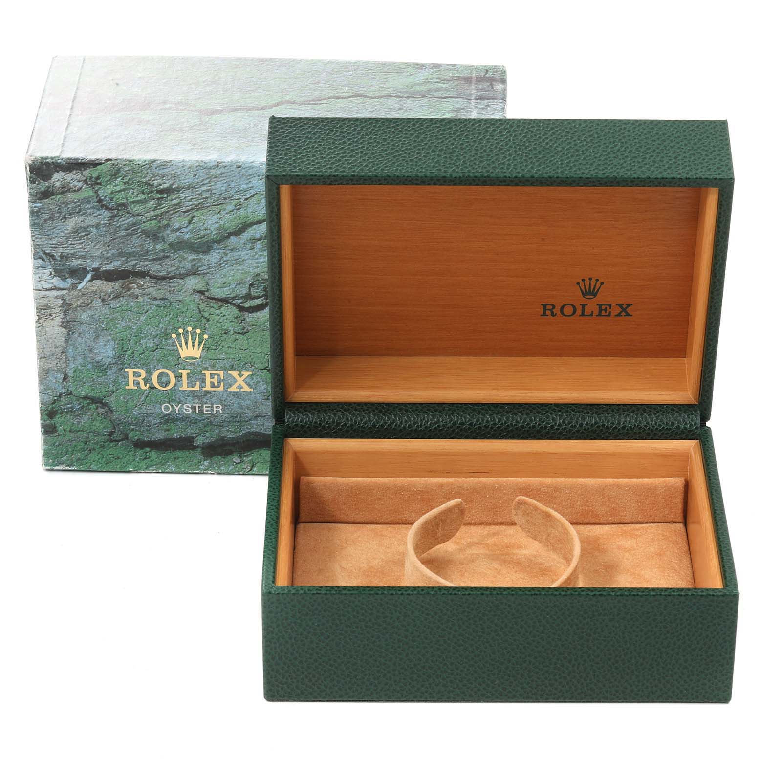 The image shows an open Rolex Turn-o-Graph 16263 Men
s Steel and Gold (two tone) White Dial 16263 Men
s Steel and Gold (two tone) White Dial watch box, featuring both the exterior box and interior leather and wood compartments.