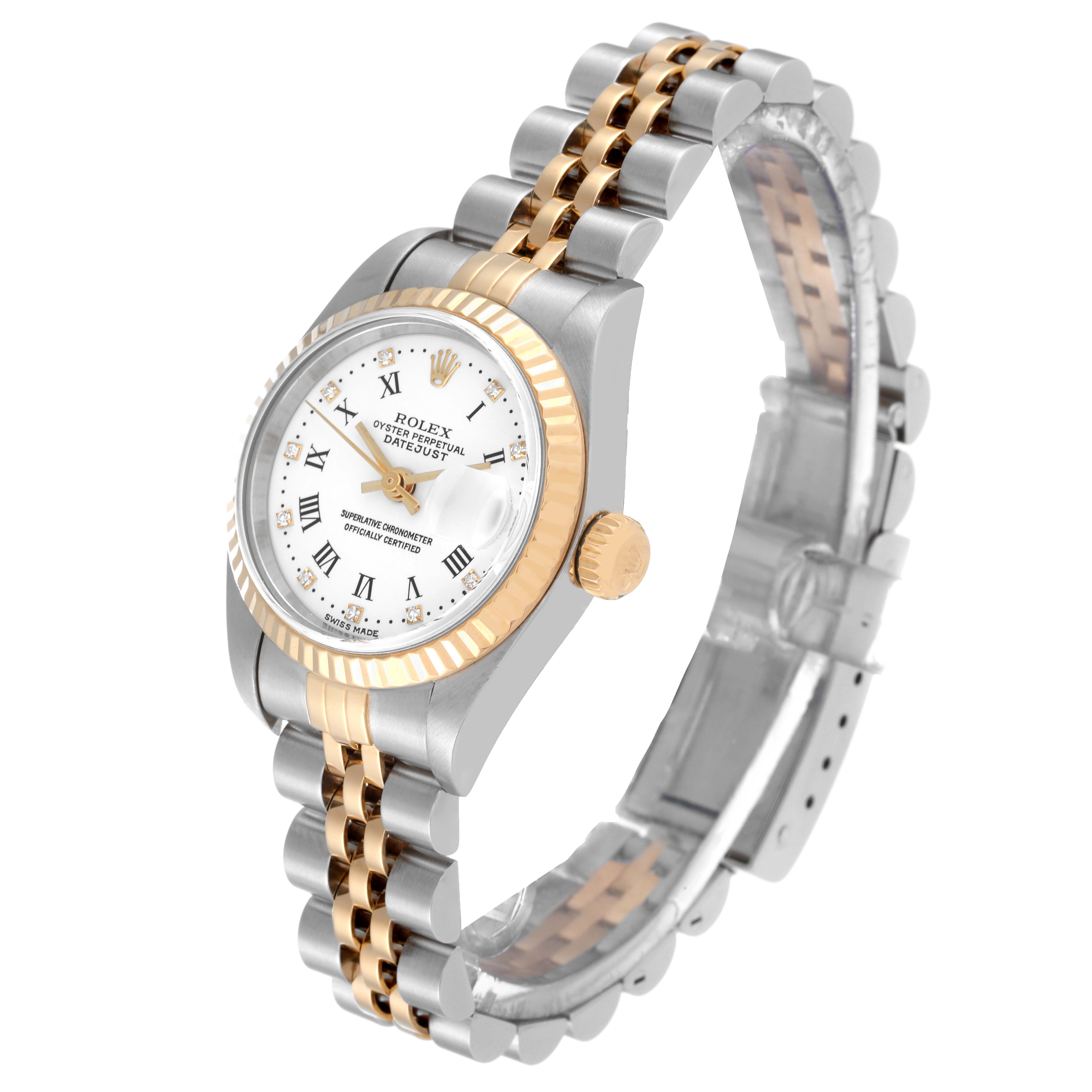 The image shows a Rolex Datejust 79173 Women's Steel and Gold (two tone) White Dial 79173 Women's Steel and Gold (two tone) White Dial watch at an angled side view, highlighting its two-tone bracelet, fluted bezel, and white dial with Roman numerals.