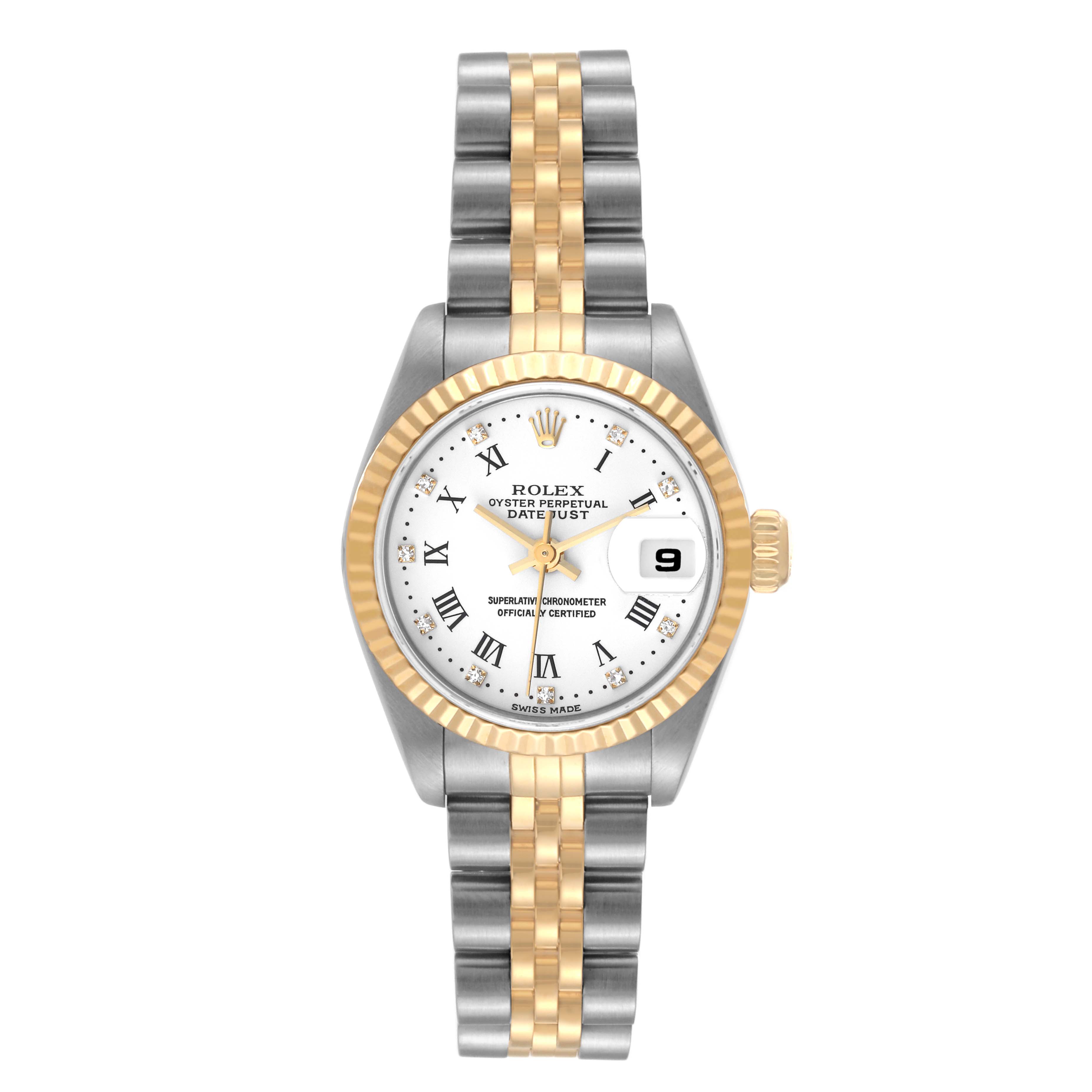 This is a front view of a Rolex Datejust 79173 Women's Steel and Gold (two tone) White Dial 79173 Women's Steel and Gold (two tone) White Dial watch, showing the face, bezel, and two-tone bracelet.