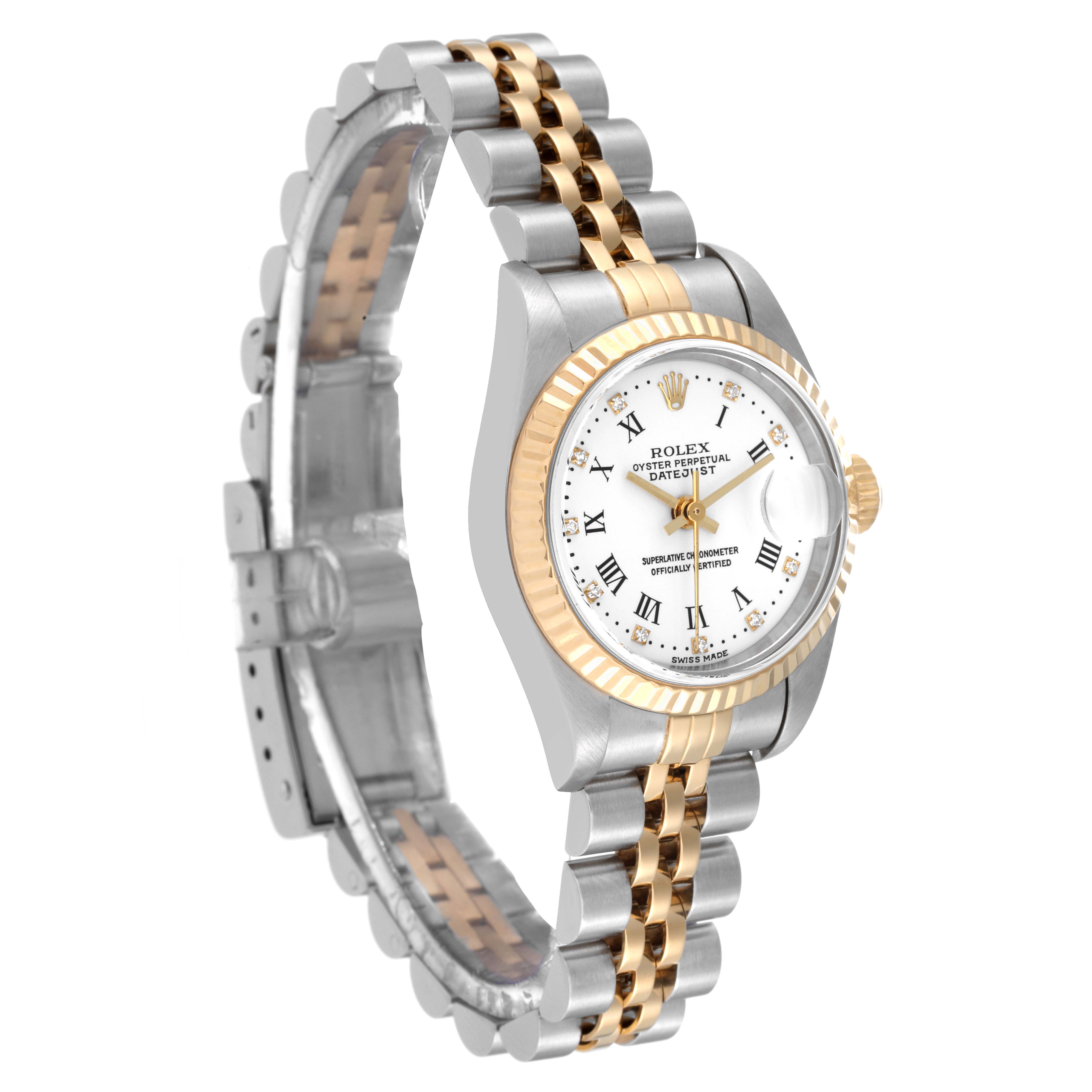 This Rolex Datejust 79173 Women's Steel and Gold (two tone) White Dial 79173 Women's Steel and Gold (two tone) White Dial watch is shown at a three-quarter angle, displaying the face, bezel, and a portion of the bracelet.
