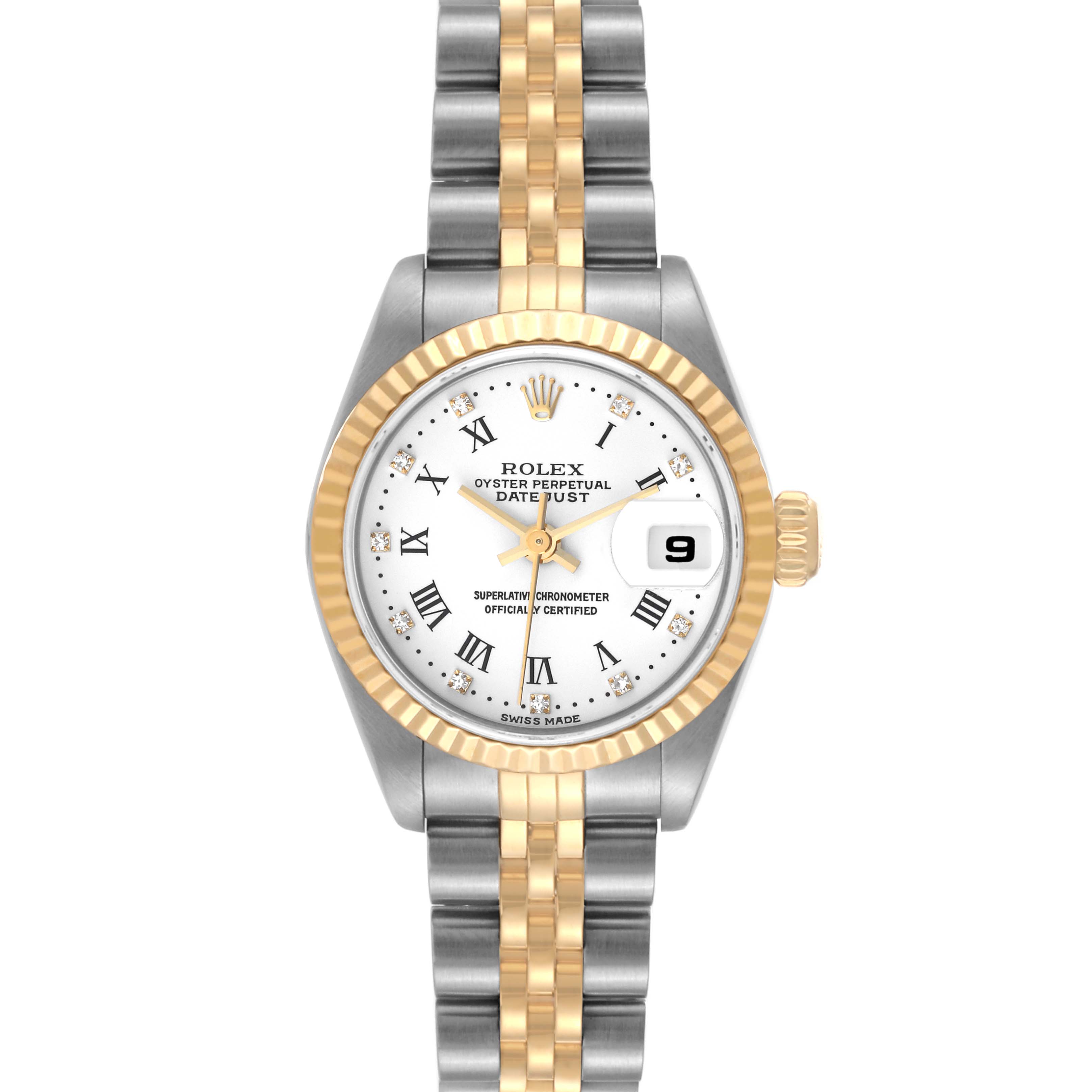 The Rolex Datejust 79173 Women's Steel and Gold (two tone) White Dial 79173 Women's Steel and Gold (two tone) White Dial watch is shown from a top-down angle, featuring its dial, bezel, and full bracelet.