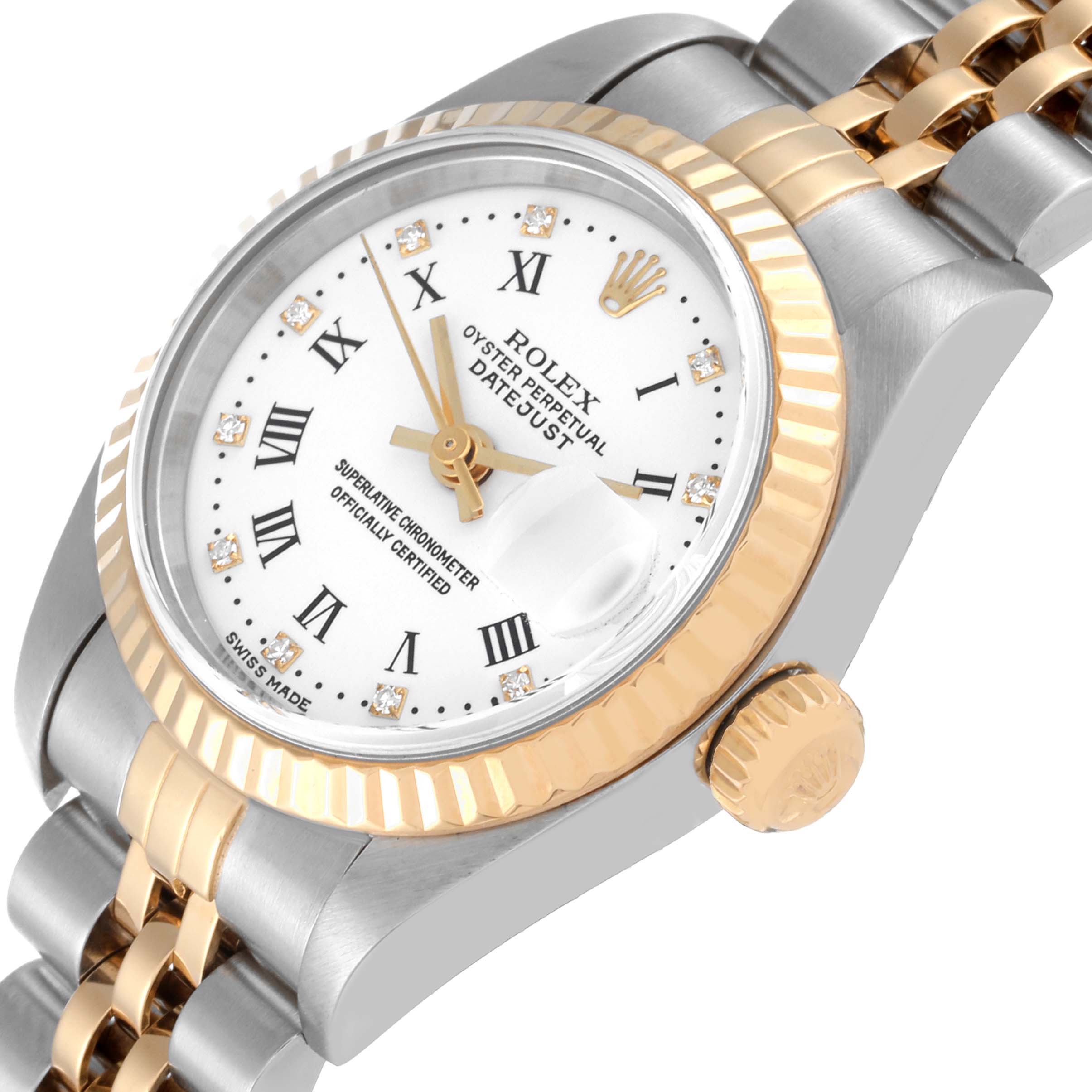 The image shows a close-up angled view of the Rolex Datejust 79173 Women's Steel and Gold (two tone) White Dial 79173 Women's Steel and Gold (two tone) White Dial model, highlighting its dial, crown, bezel, and bracelet.