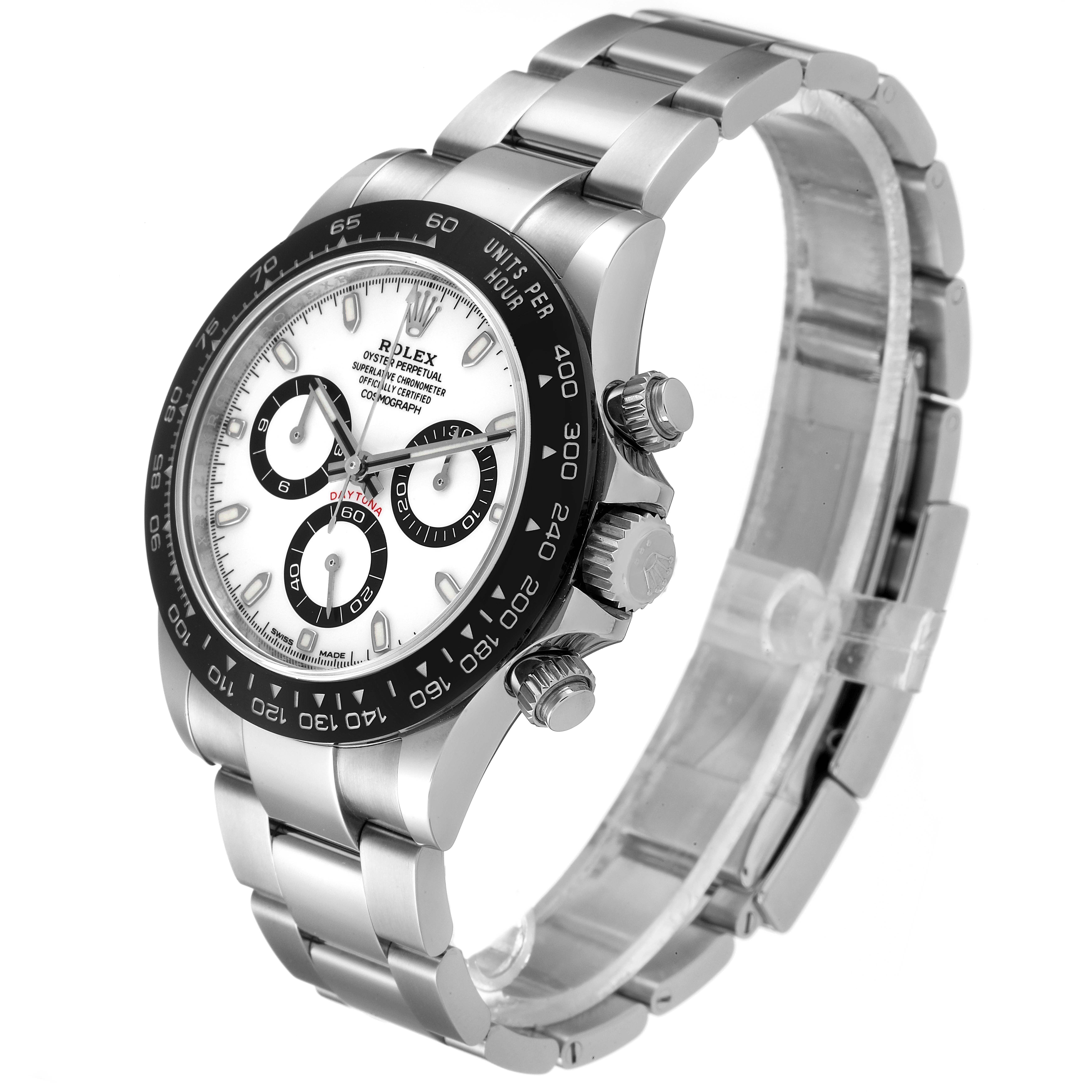 The Rolex Daytona 116500 Men's Stainless Steel White Dial 116500 Men's Stainless Steel White Dial watch is shown at a slightly angled side view, highlighting the bezel, dial, and bracelet.