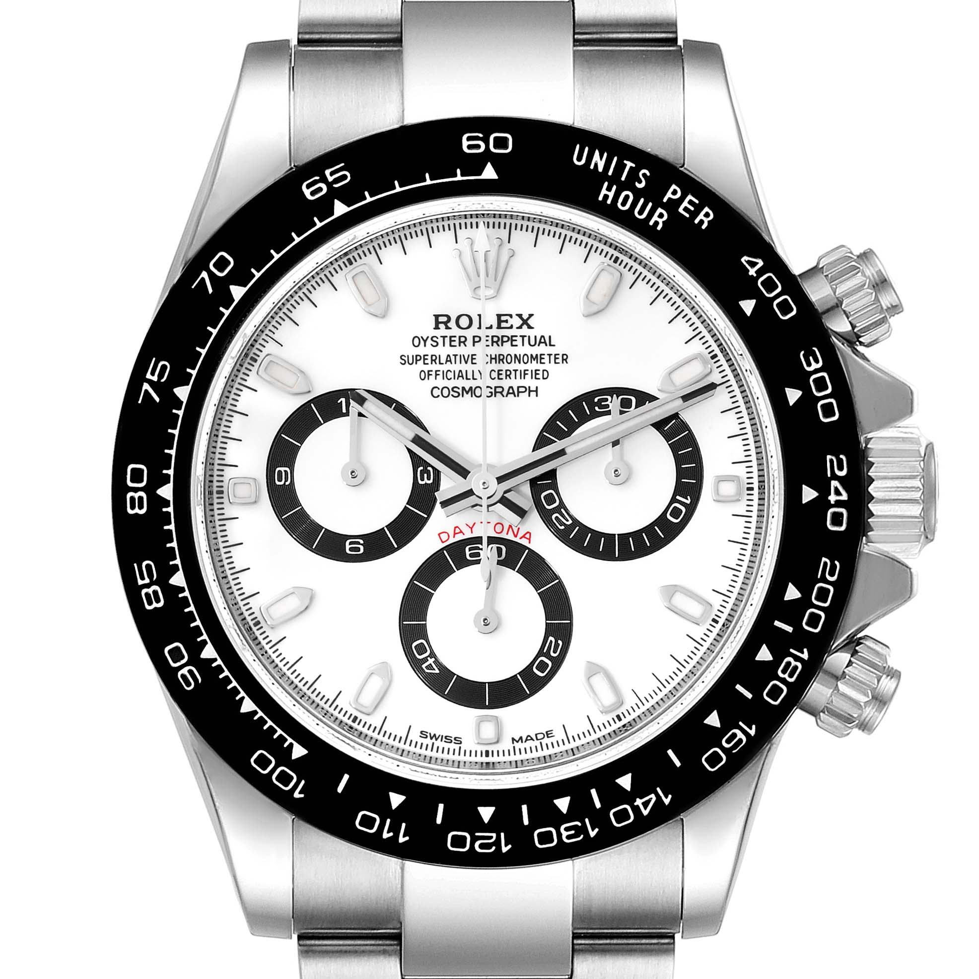 This image shows a front view of a Rolex Daytona 116500 Men's Stainless Steel White Dial 116500 Men's Stainless Steel White Dial watch, highlighting the watch face, bezel, and pushers.