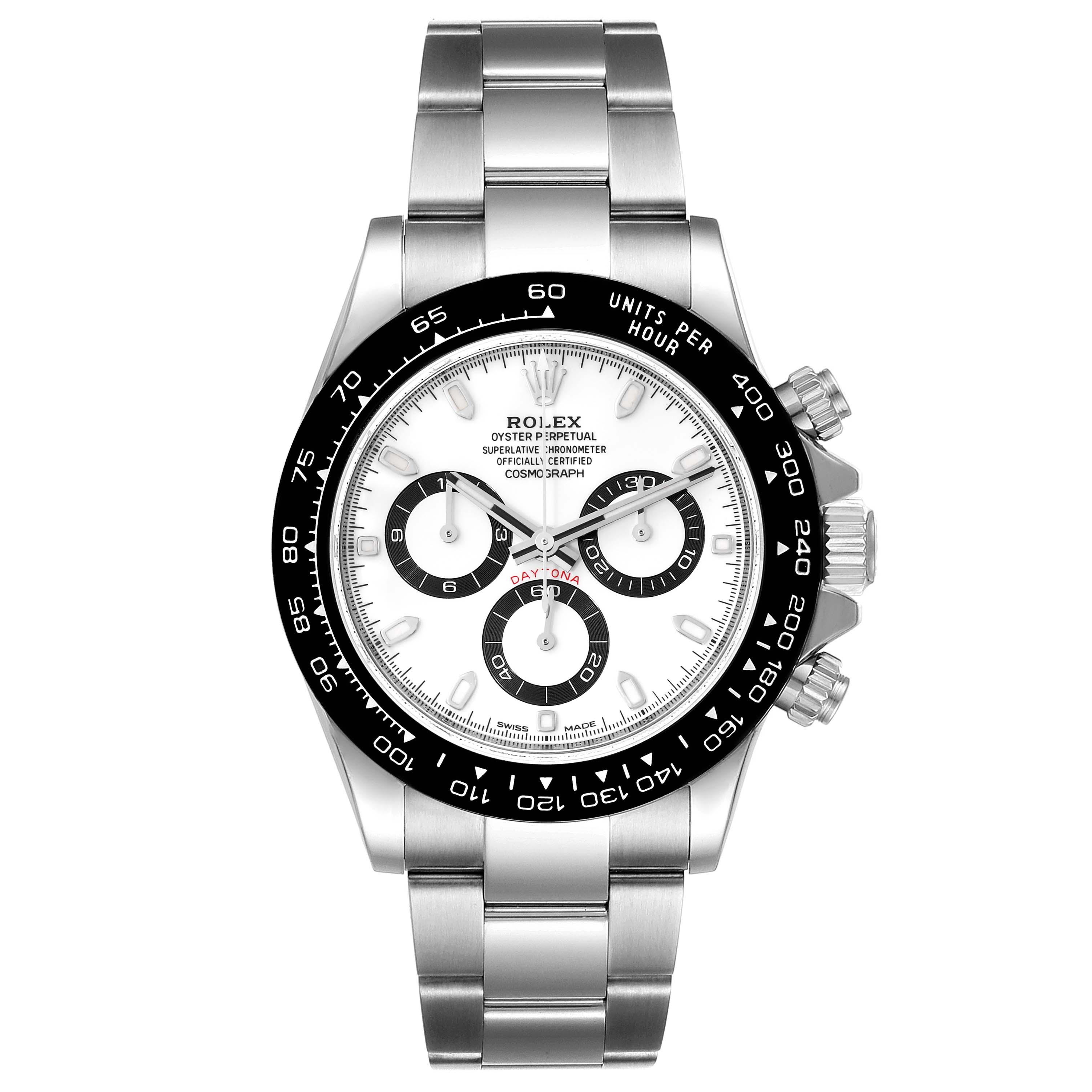 The image shows a front view of a Rolex Daytona 116500 Men's Stainless Steel White Dial 116500 Men's Stainless Steel White Dial watch, displaying its face, bezel, pushers, crown, and bracelet.