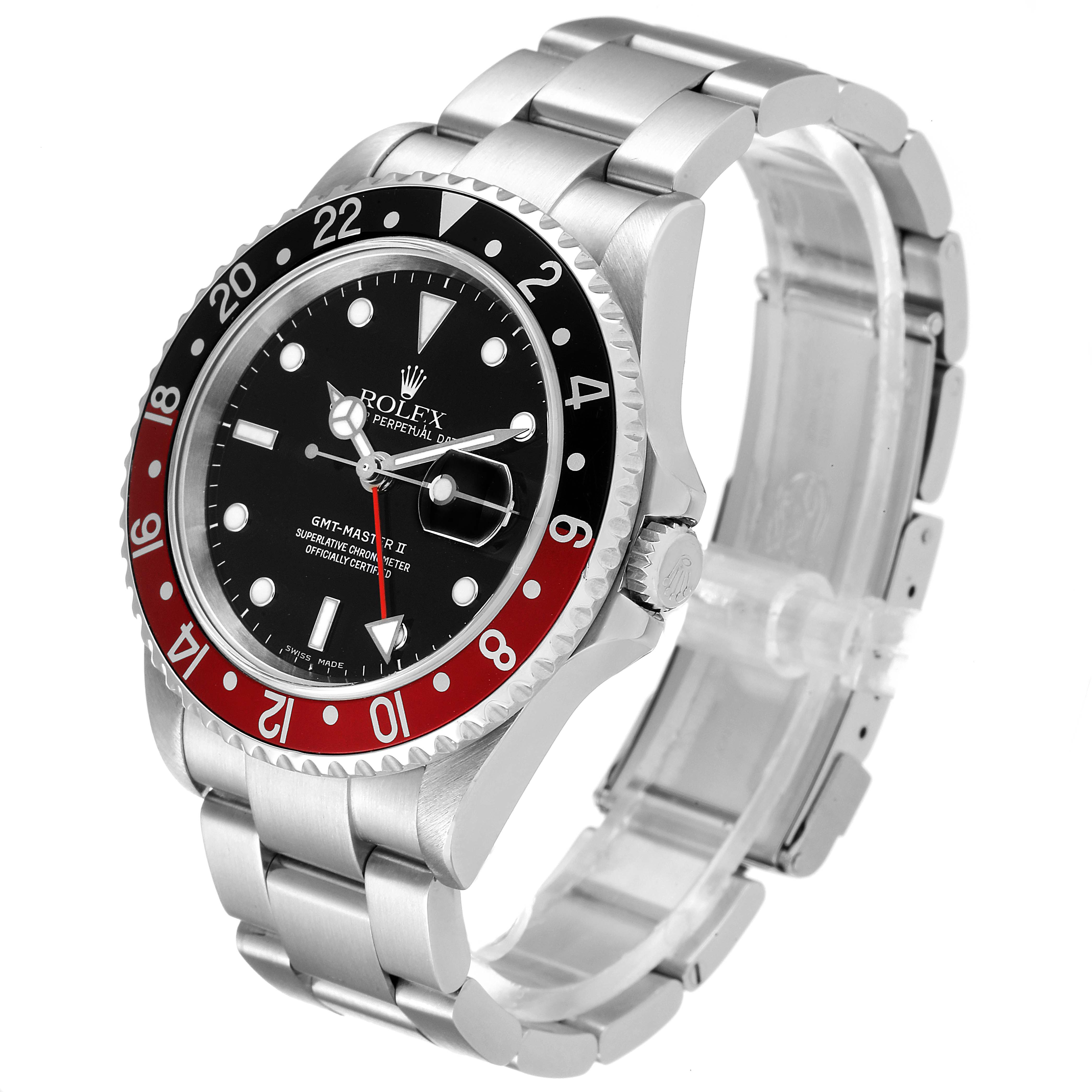 The image shows a Rolex GMT-Master 16710 Men
s Stainless Steel Black Dial 16710 Men
s Stainless Steel Black Dial II watch from an angled side view, displaying the face, bezel, case, and bracelet.