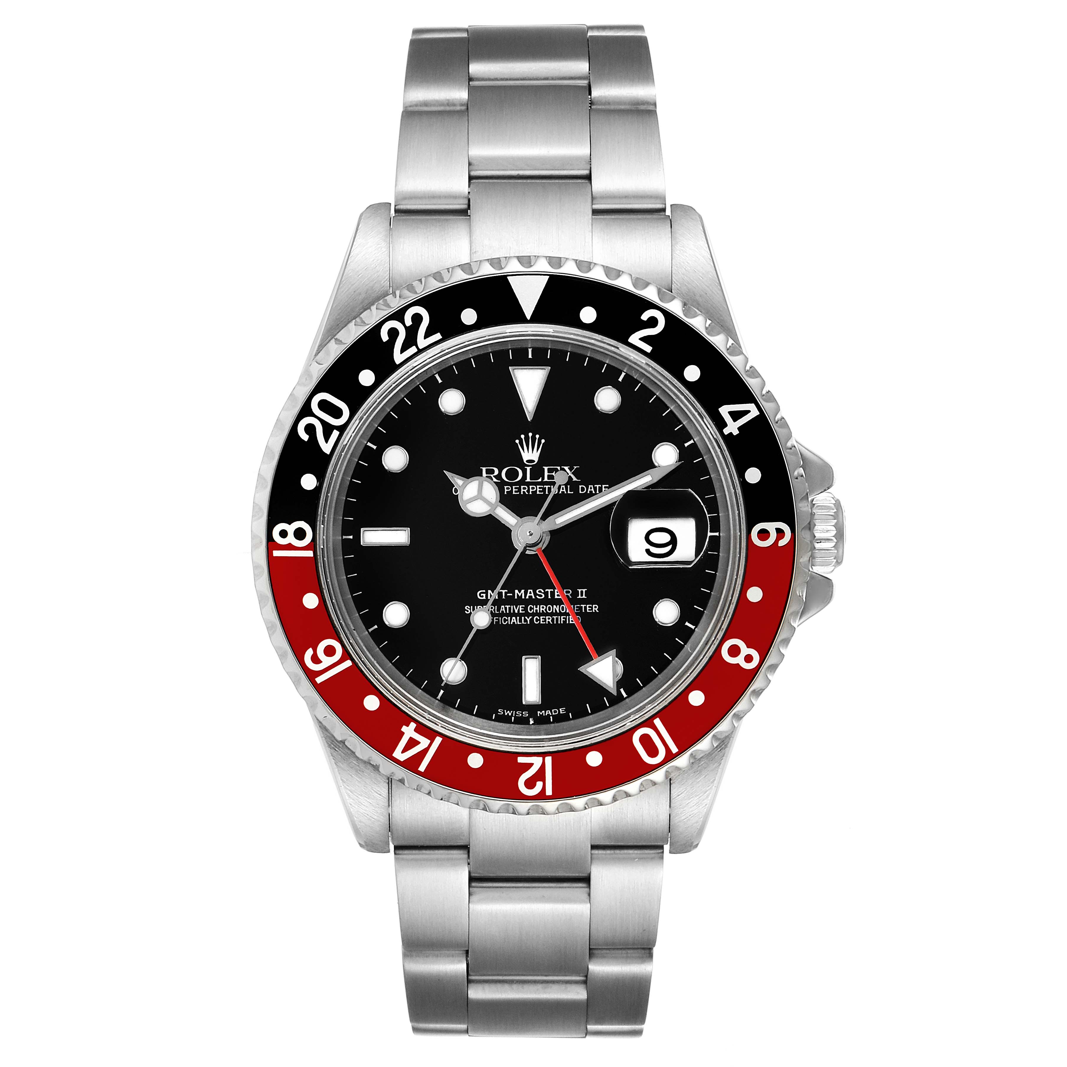 This image shows a front view of a Rolex GMT-Master 16710 Men
s Stainless Steel Black Dial 16710 Men
s Stainless Steel Black Dial II watch, displaying the dial, hands, bezel, bracelet, and date window.