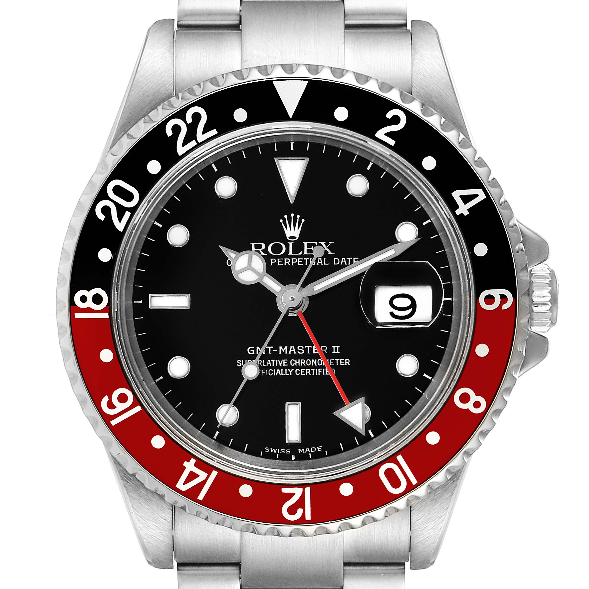 The image shows a front view of the Rolex GMT-Master 16710 Men
s Stainless Steel Black Dial 16710 Men
s Stainless Steel Black Dial II watch, highlighting the dial, bezel, hands, and part of the bracelet. 