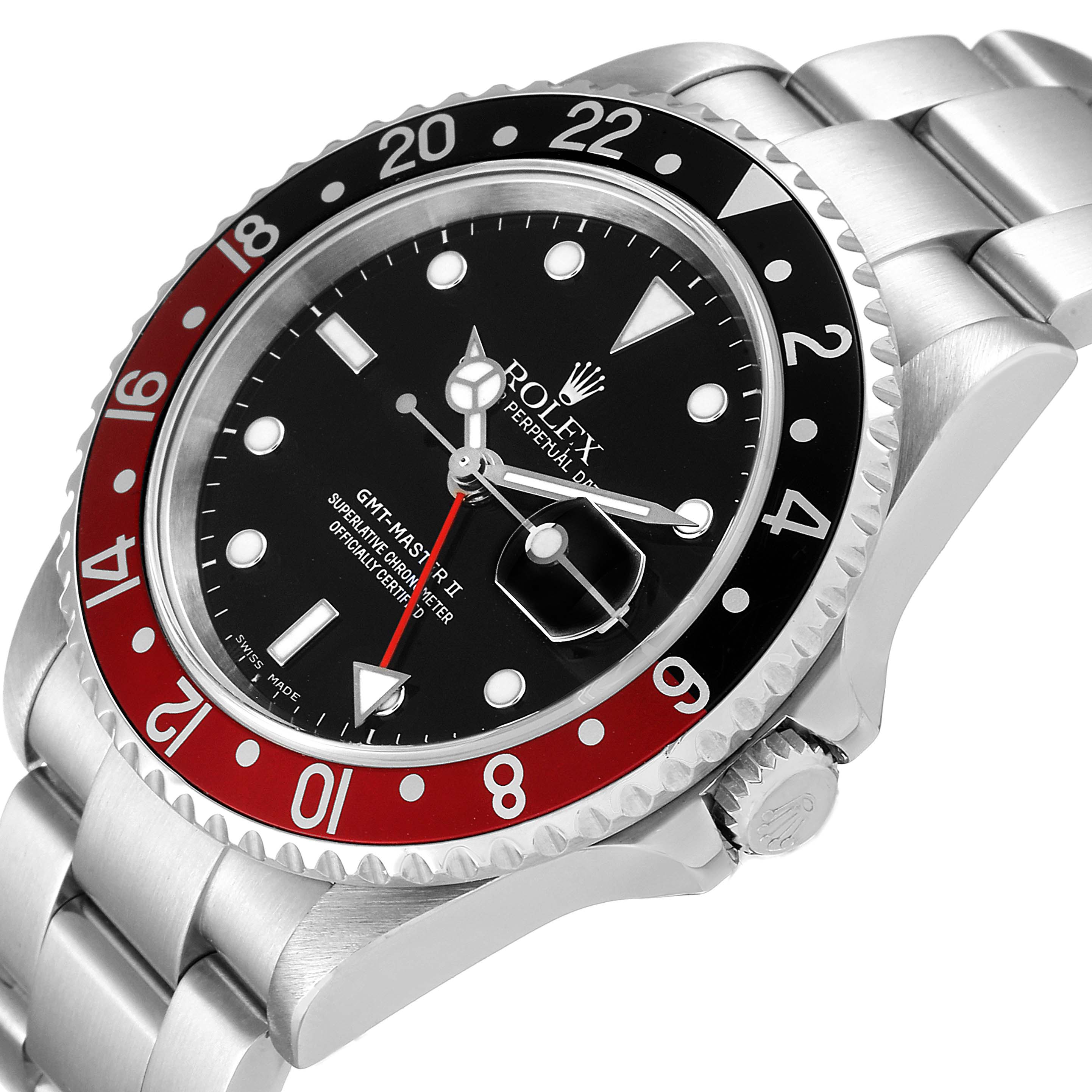 The image shows a close-up angled view of the Rolex GMT-Master 16710 Men
s Stainless Steel Black Dial 16710 Men
s Stainless Steel Black Dial II, featuring the bezel, dial, hands, and bracelet.