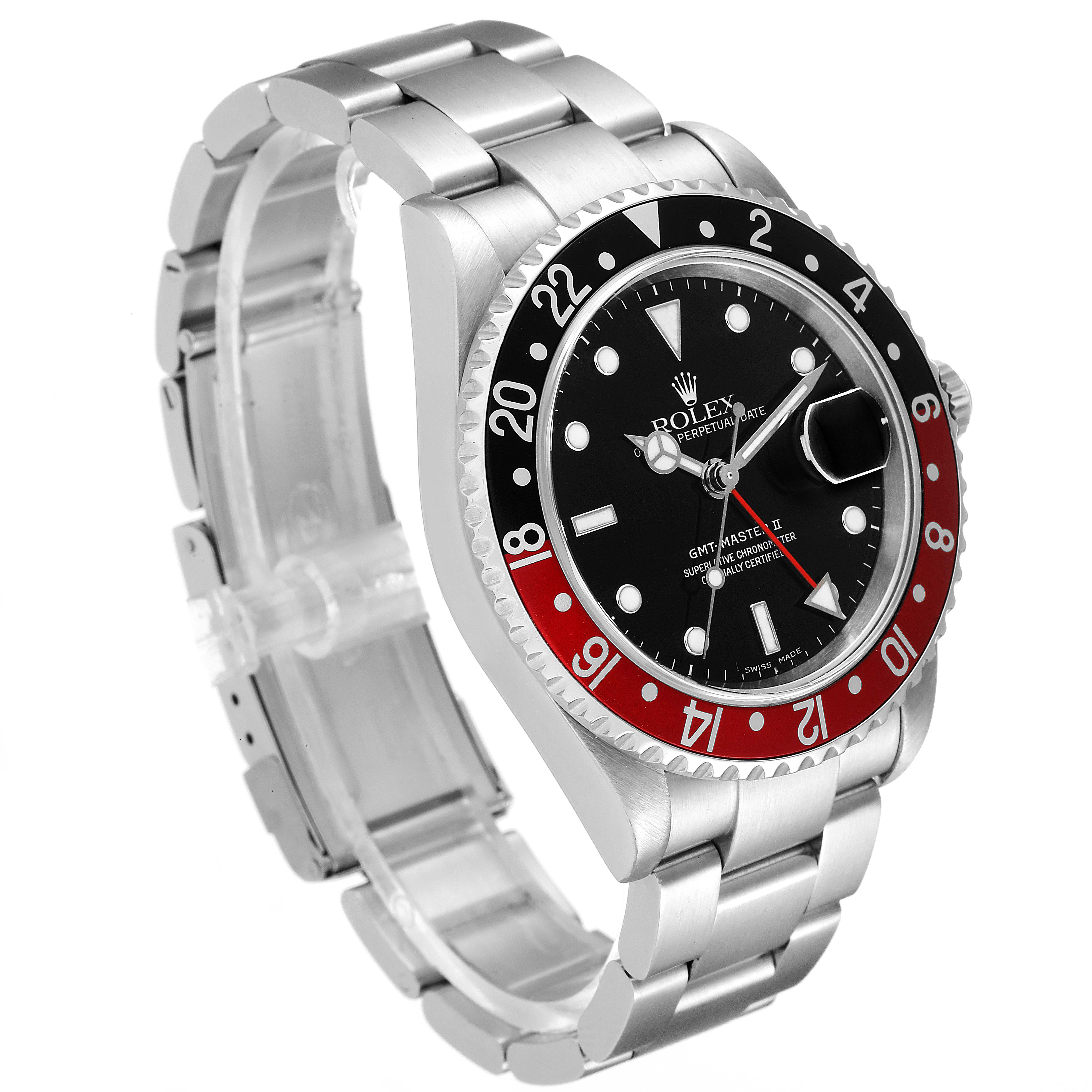The image displays a Rolex GMT-Master 16710 Men
s Stainless Steel Black Dial 16710 Men
s Stainless Steel Black Dial II watch at a three-quarter angle, highlighting the bezel, dial, and stainless steel strap.