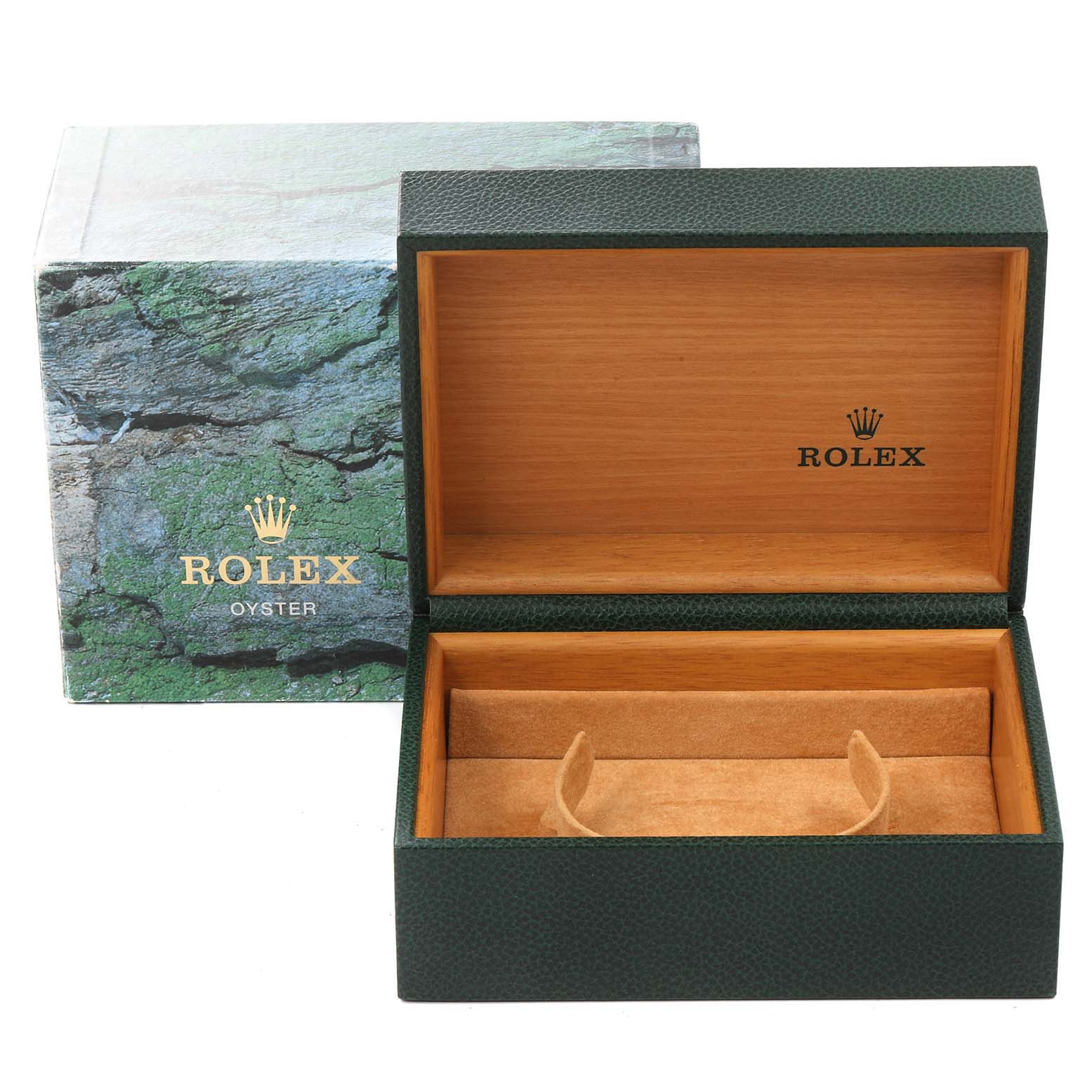 The image shows an open Rolex box for the GMT-Master model, displaying its green exterior and wooden interior, along with the outer packaging box.