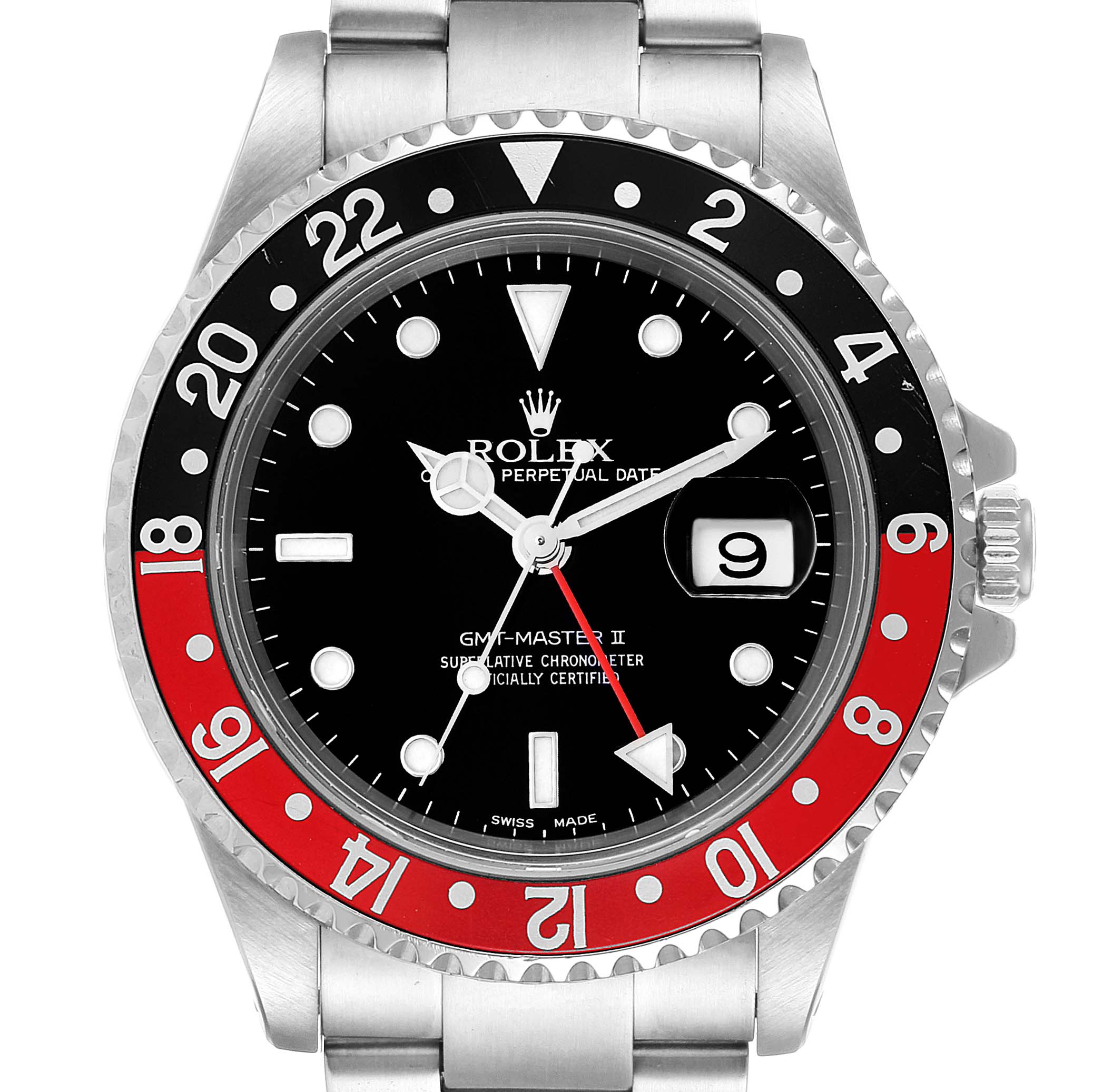 This image shows a front view of a Rolex GMT-Master 16710 Men
s Stainless Steel Black Dial 16710 Men
s Stainless Steel Black Dial II, highlighting its bezel, dial, bracelet, and date display.